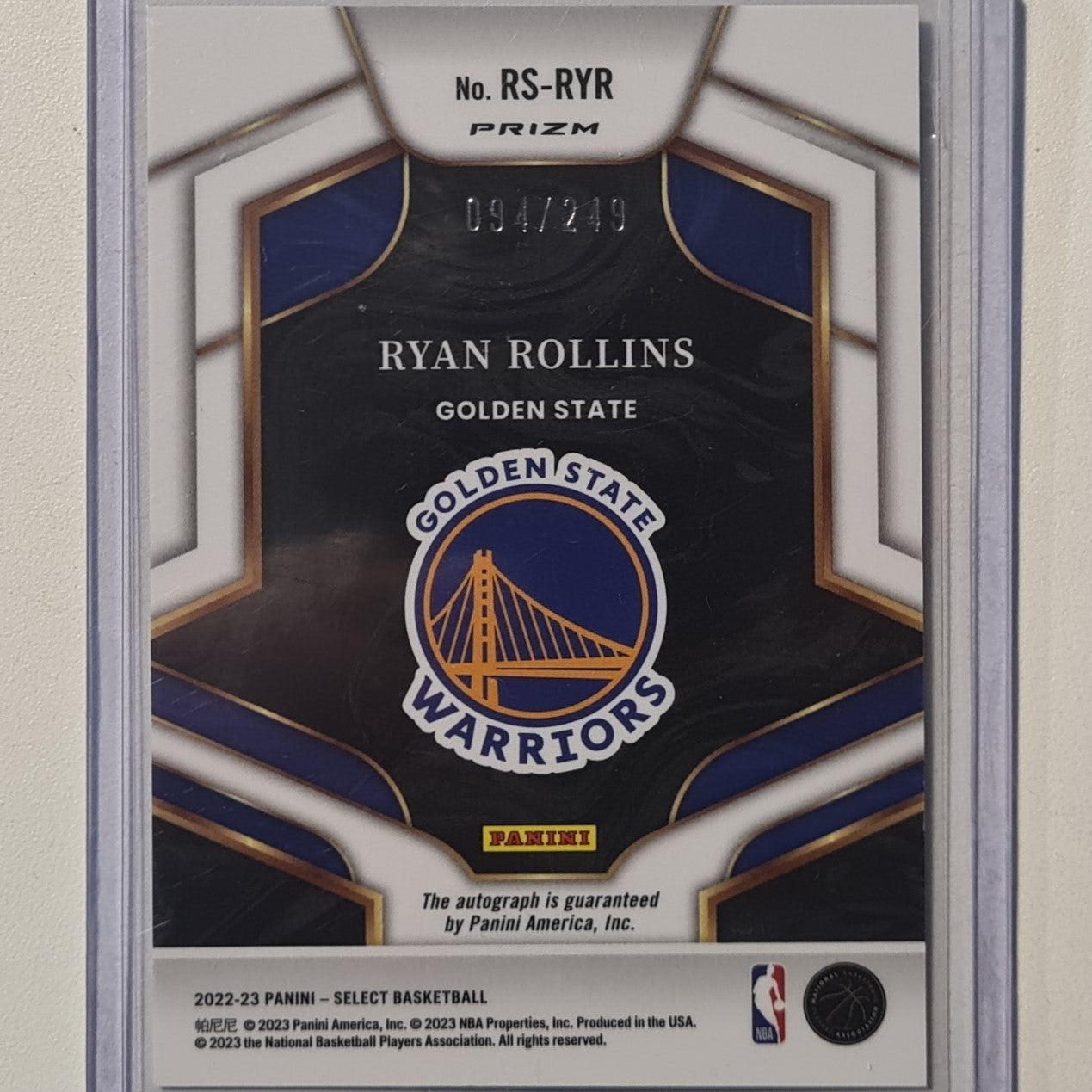 Ryan Rollins 2022-23 Panini Select Rookie RC auto  094/249 RS-RYR NBA Basketball Golden State Warriors ex-mint