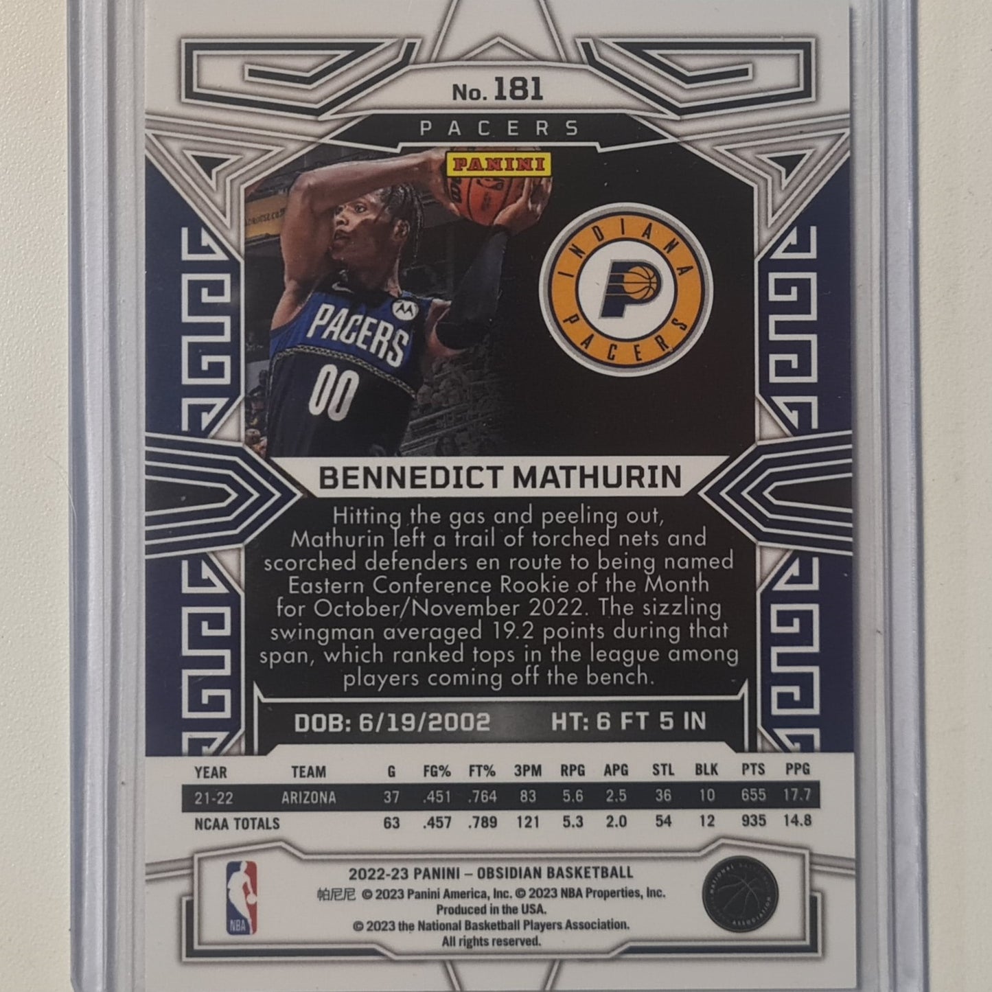 Bennedict Mathurin 2022-23 Obsidian shimmer rookie RC #181 NBA Basketball Indiana Pacers mint