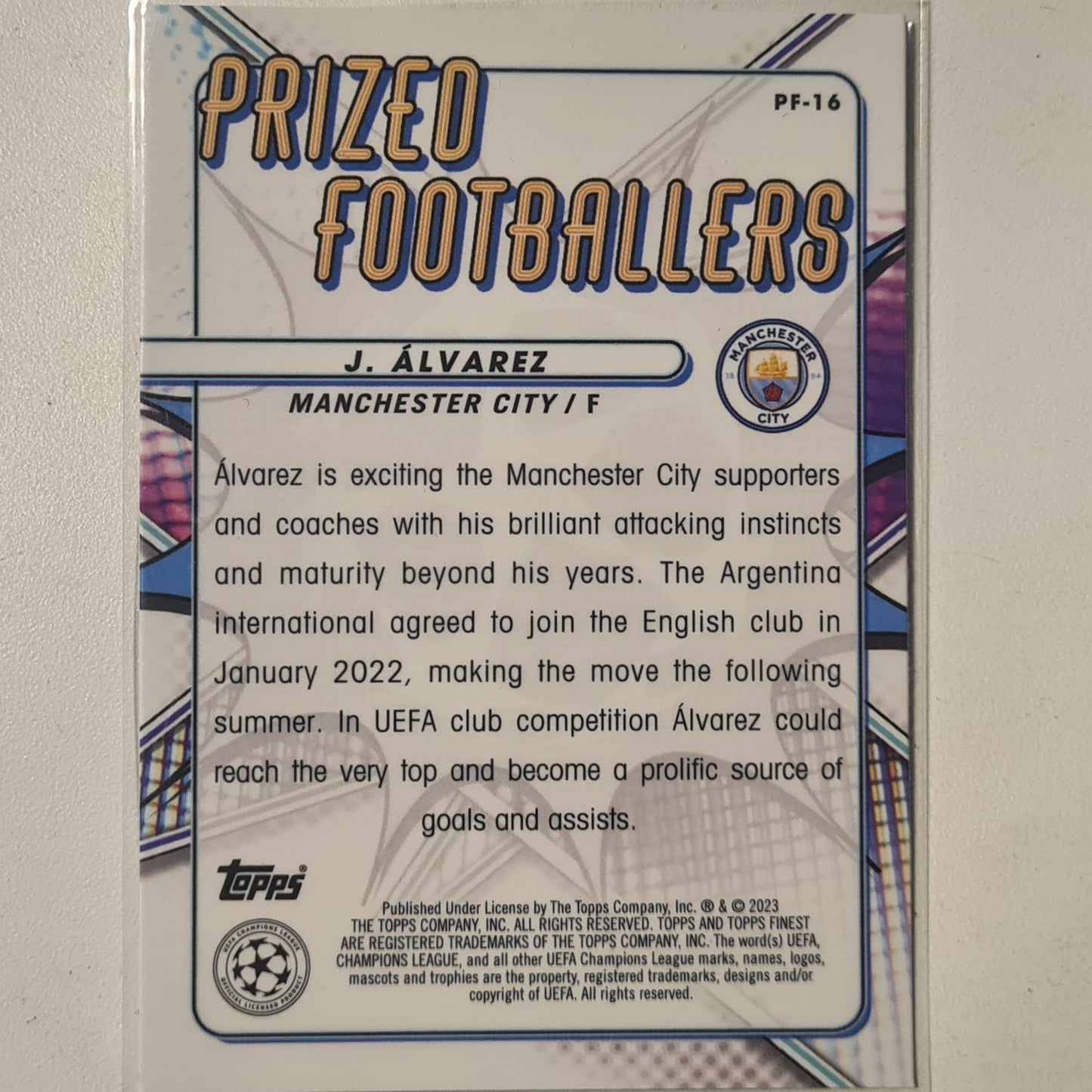 J Alvarez 2023 Topps Finest champions league prized footballers prizm rookie RC PF-16 Manchester City mint