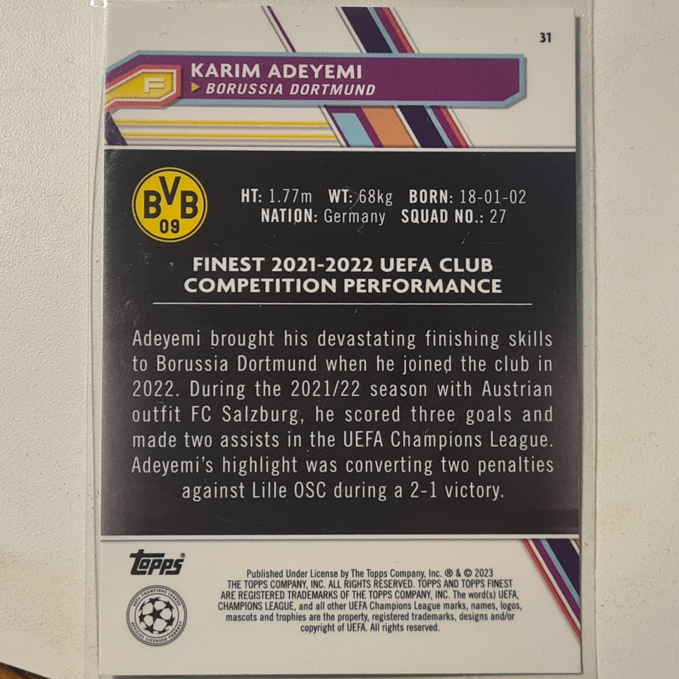 Karim Adeyemi 2023 Topps Finest champions league  #31 football Borussia Dortmund mint