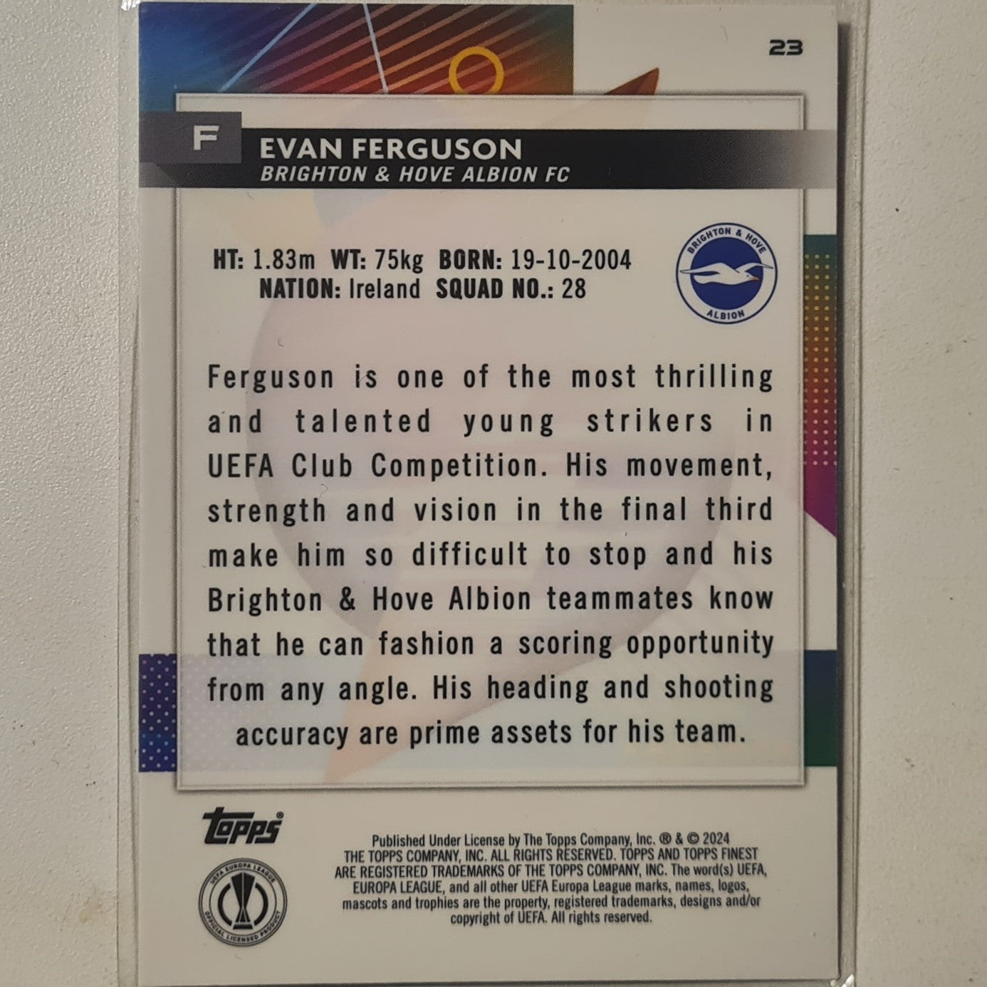 Evan Ferguson 2023 Topps Finest Europa league  #23 football Brighton mint