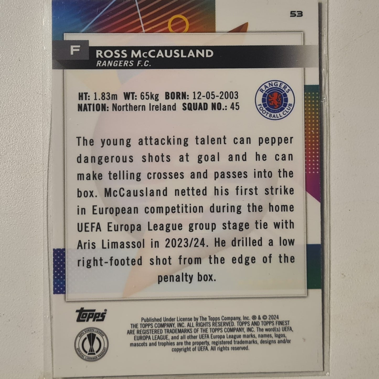 Ross McCausland 2023 Topps Finest Europa league Rookie RC #53 football Rangers mint sleeved