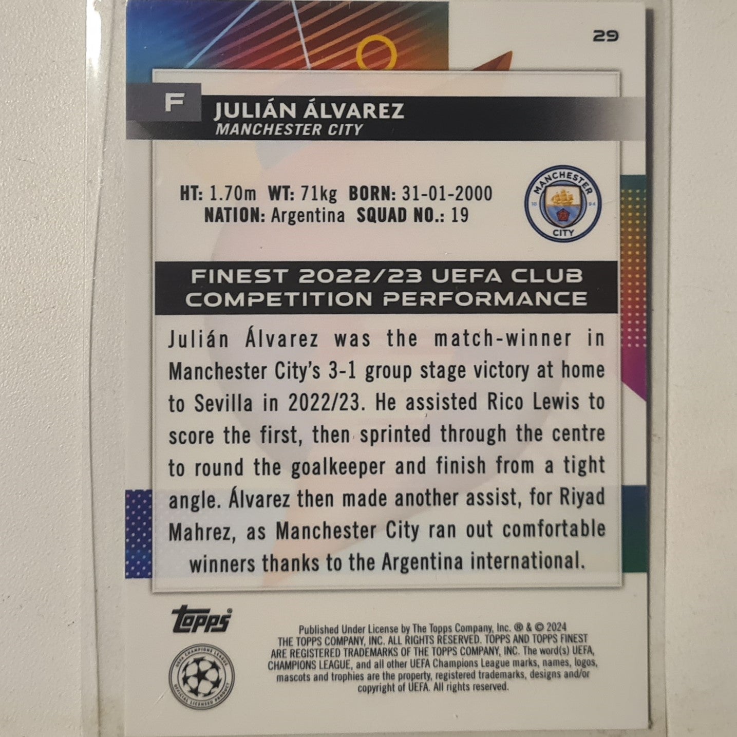 Julian Alvarez 2024 Topps Finest Champions League #29 football Manchester City mint sleeved