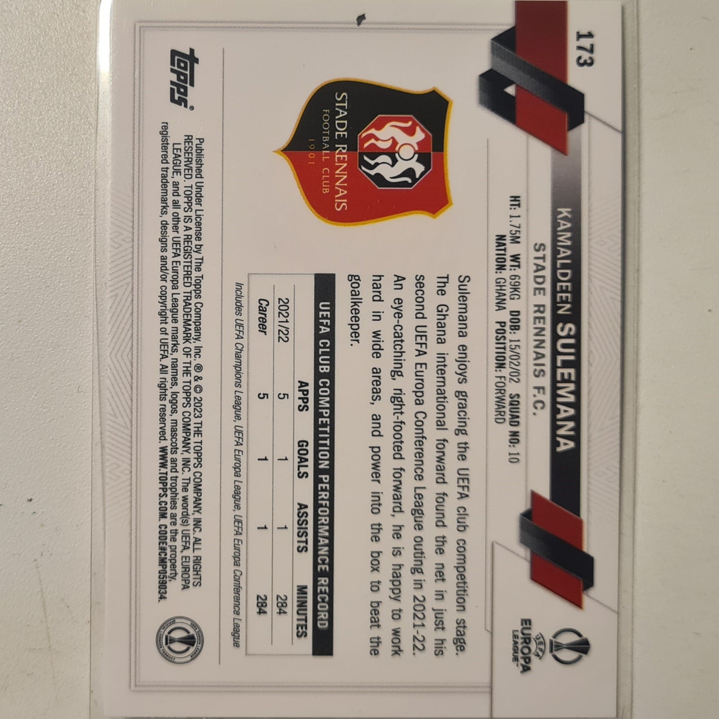 Kamaldeen Sulemana 2023 Topps Europa League future stars #173 football Stade Rennais mint sleeved