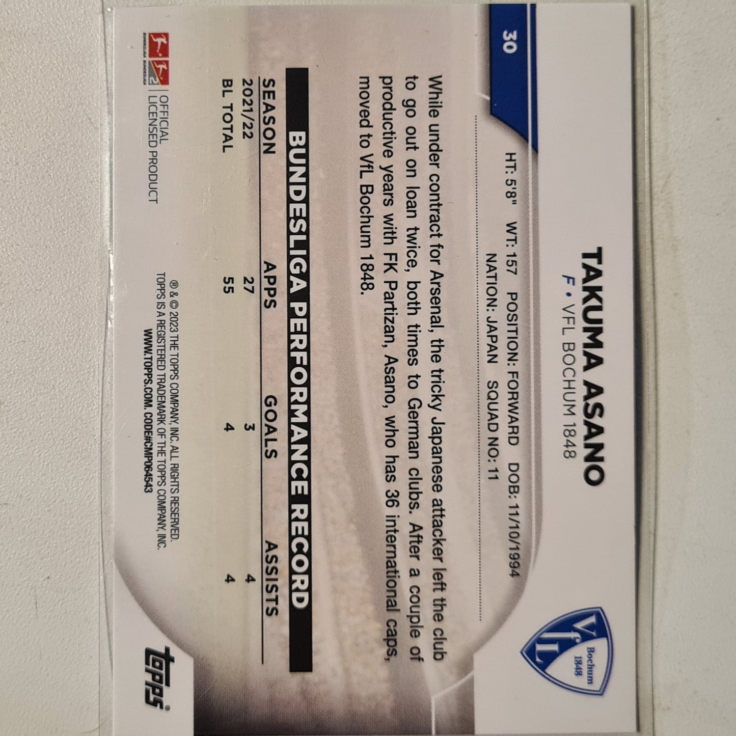 Takuma Asano 2023 Topps Bundesliga holo #30 Football Bochum mint sleeved