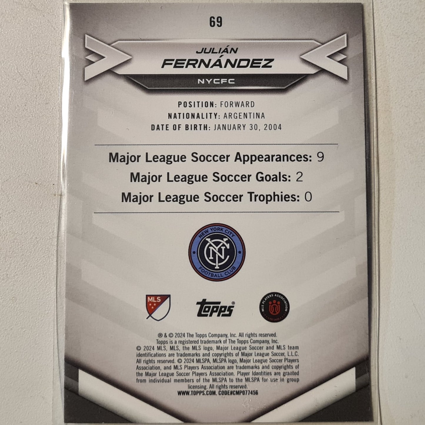 Julian Fernandez 2023 Topps soccer stars american dream Rookie RC #69 soccer New York City FC mint sleeved