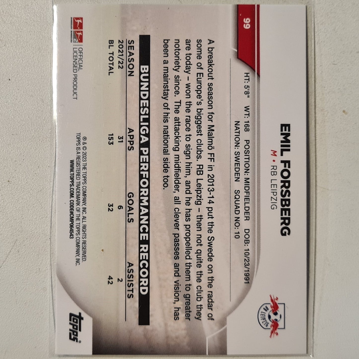 Emil Forsberg 2023 Topps Bundesliga holo #99 Football RB Leipzig mint sleeved