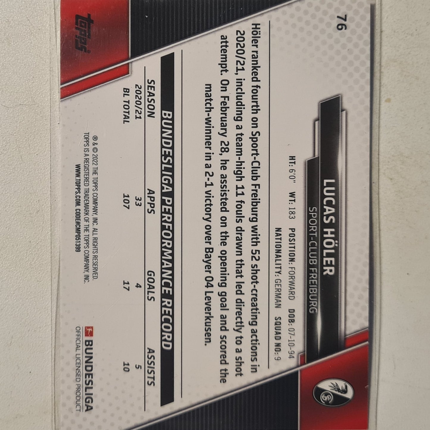 Lucas Holer 2022 Topps Bundesliga #76 football Freiburg ex-mint  sleeved