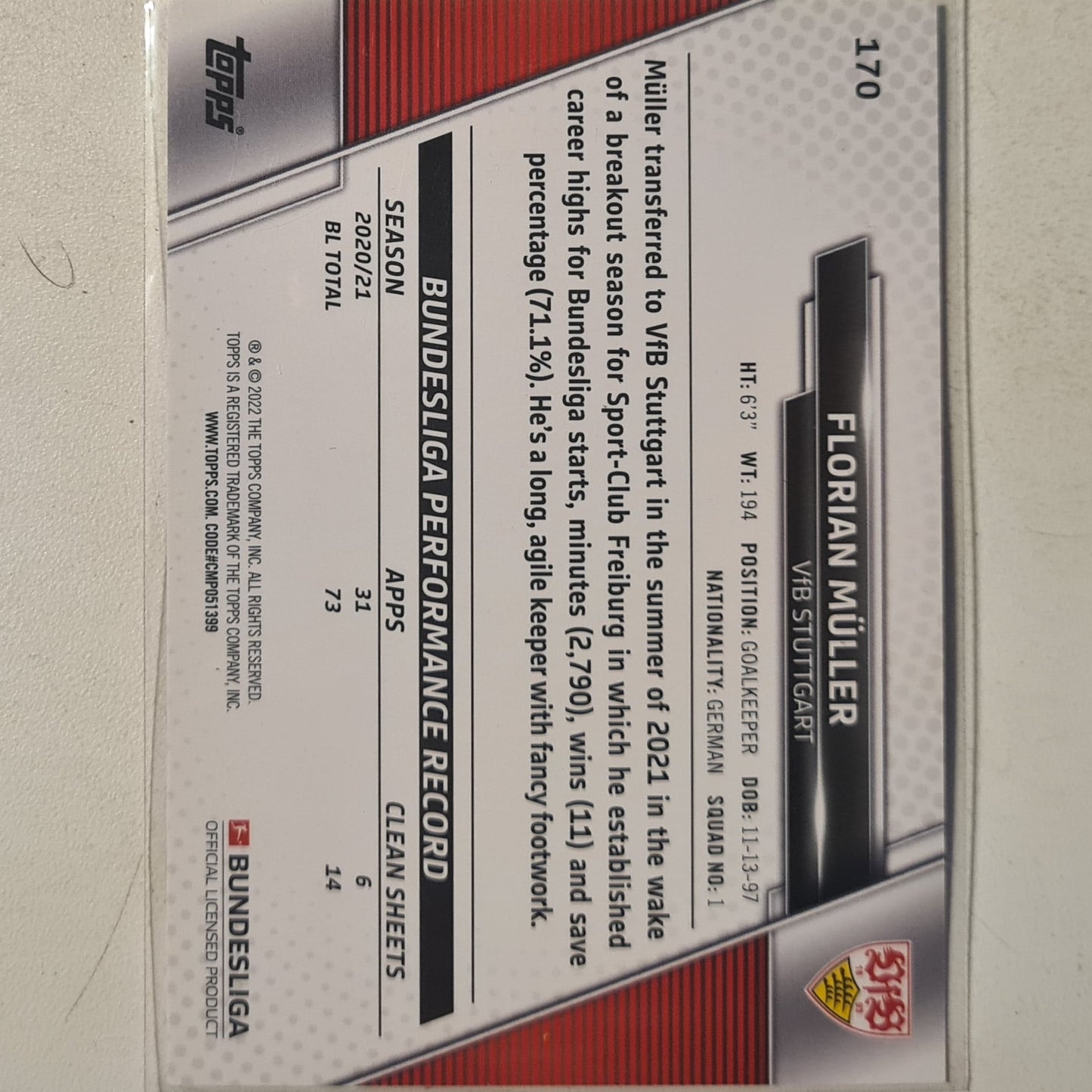 Florian Muller 2022 Topps Bundesliga #170 football Stuttgart ex-mint  sleeved
