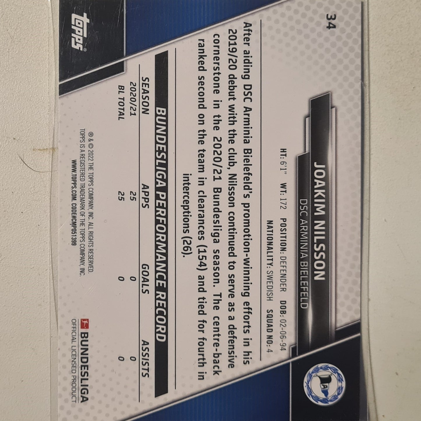 Florian Muller 2022 Topps Bundesliga #170 football DSC Arminia  Bielefeld ex-mint  sleeved