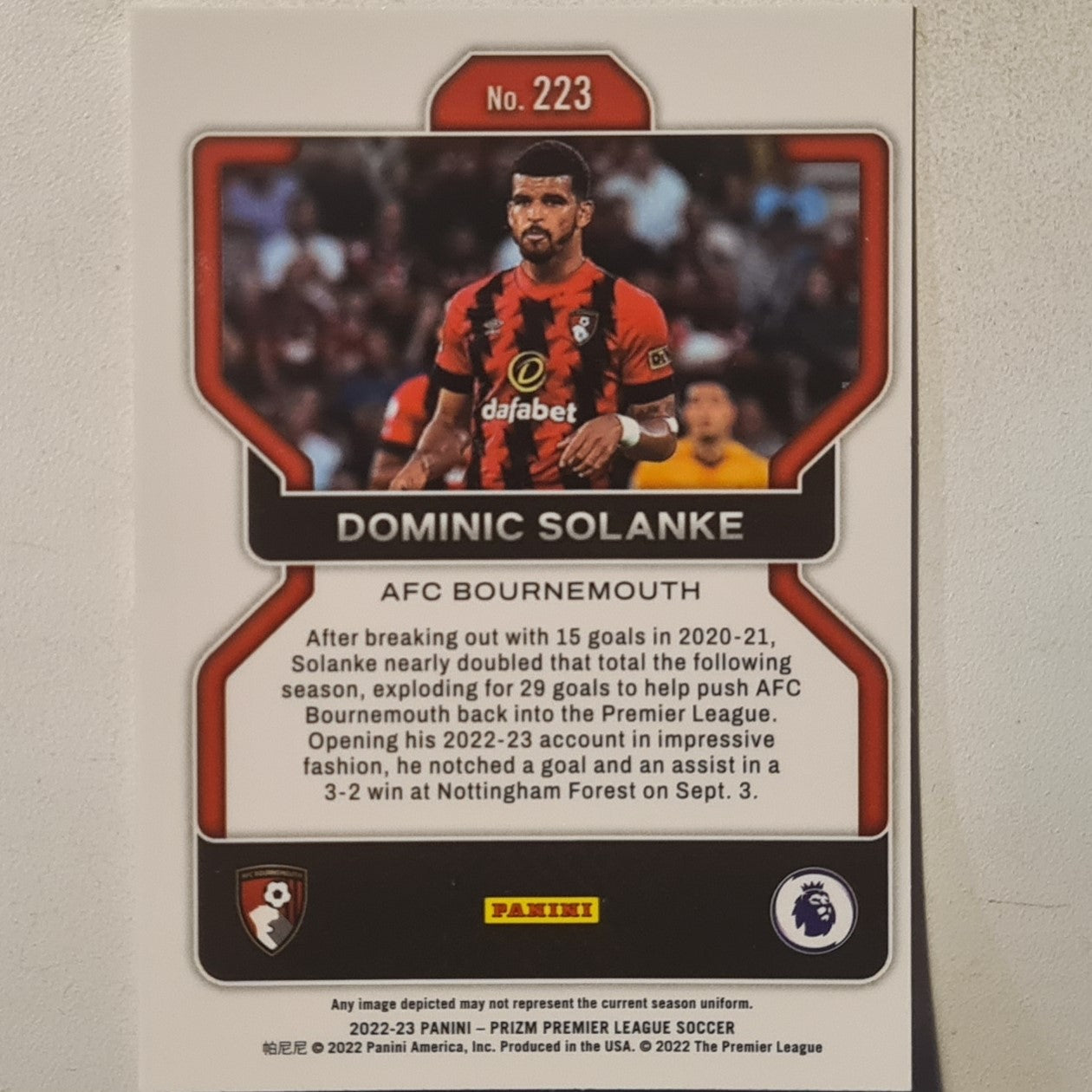 Dominic Solanke 2022-23 Panini Prizm premier league soccer #223 football Bournemouth ex-mint  sleeved