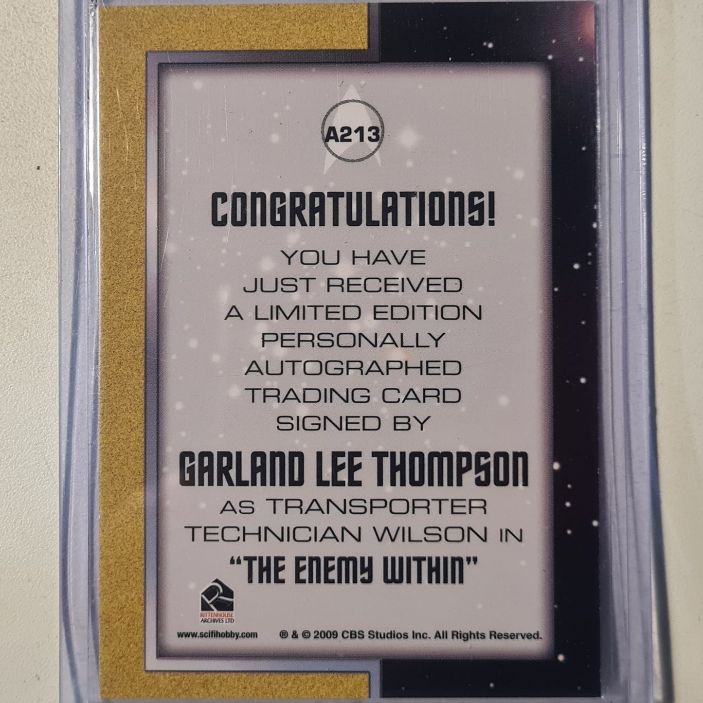 Star Trek Autograph Series 2009 Rittenhouse Garland Lee Thompson as technician Wilson Autograph A213 mint sleeved