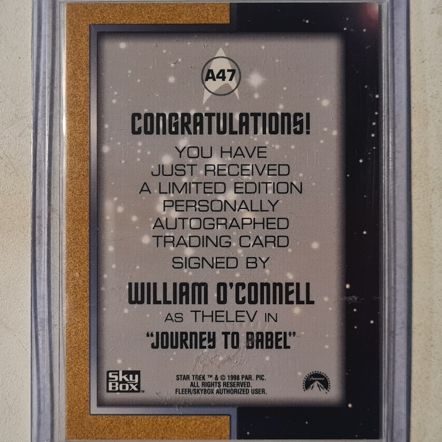 Star Trek Autograph Series 1998 Rittenhouse William O'Connell as Thelev Autograph A47 mint sleeved