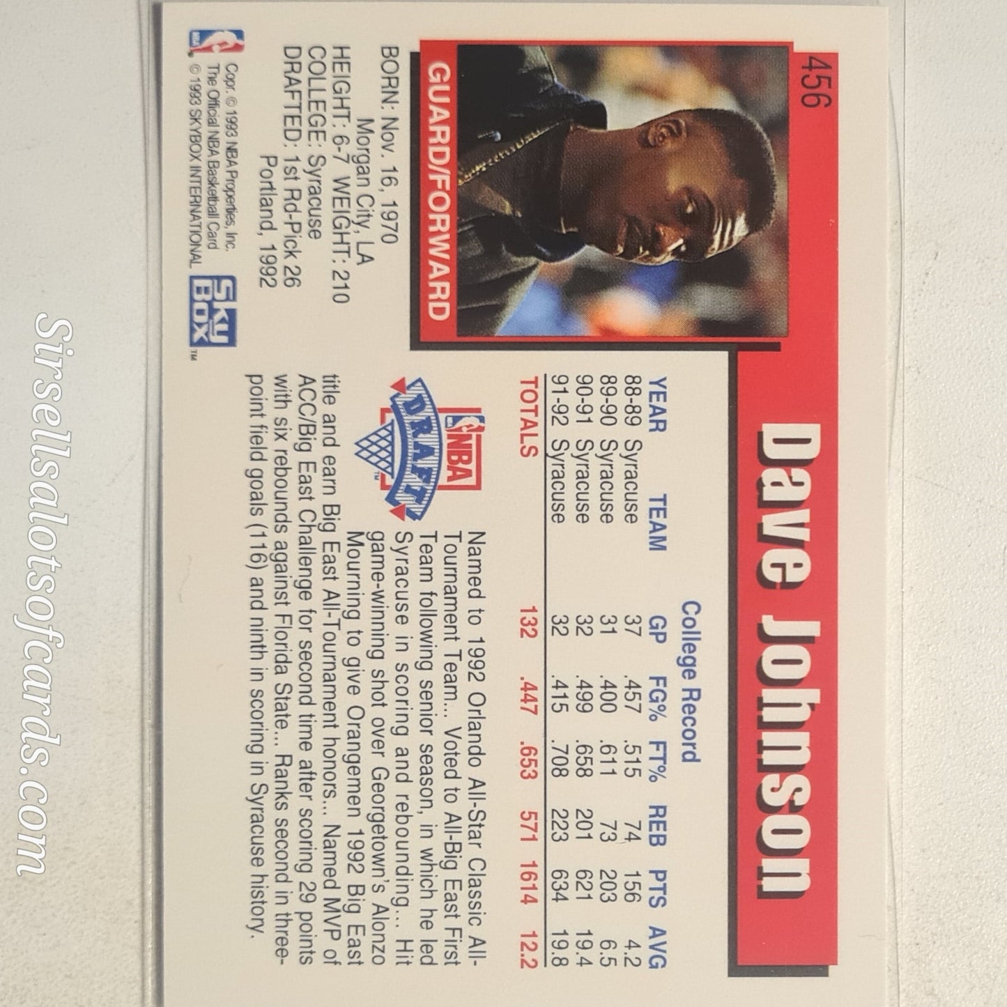 Dave Johnson 1993 NBA Hoops Rookie RC #456 NBA Basketball Portland Trail Blazers  Ex- mint sleeved