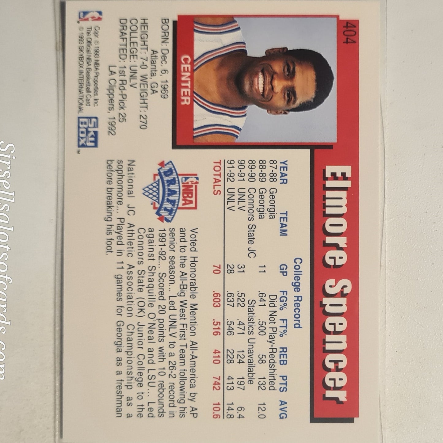 Elmore Spencer 1993 NBA Hoops Rookie RC #404 NBA Basketball Los Angeles Clippers  Ex- mint sleeved