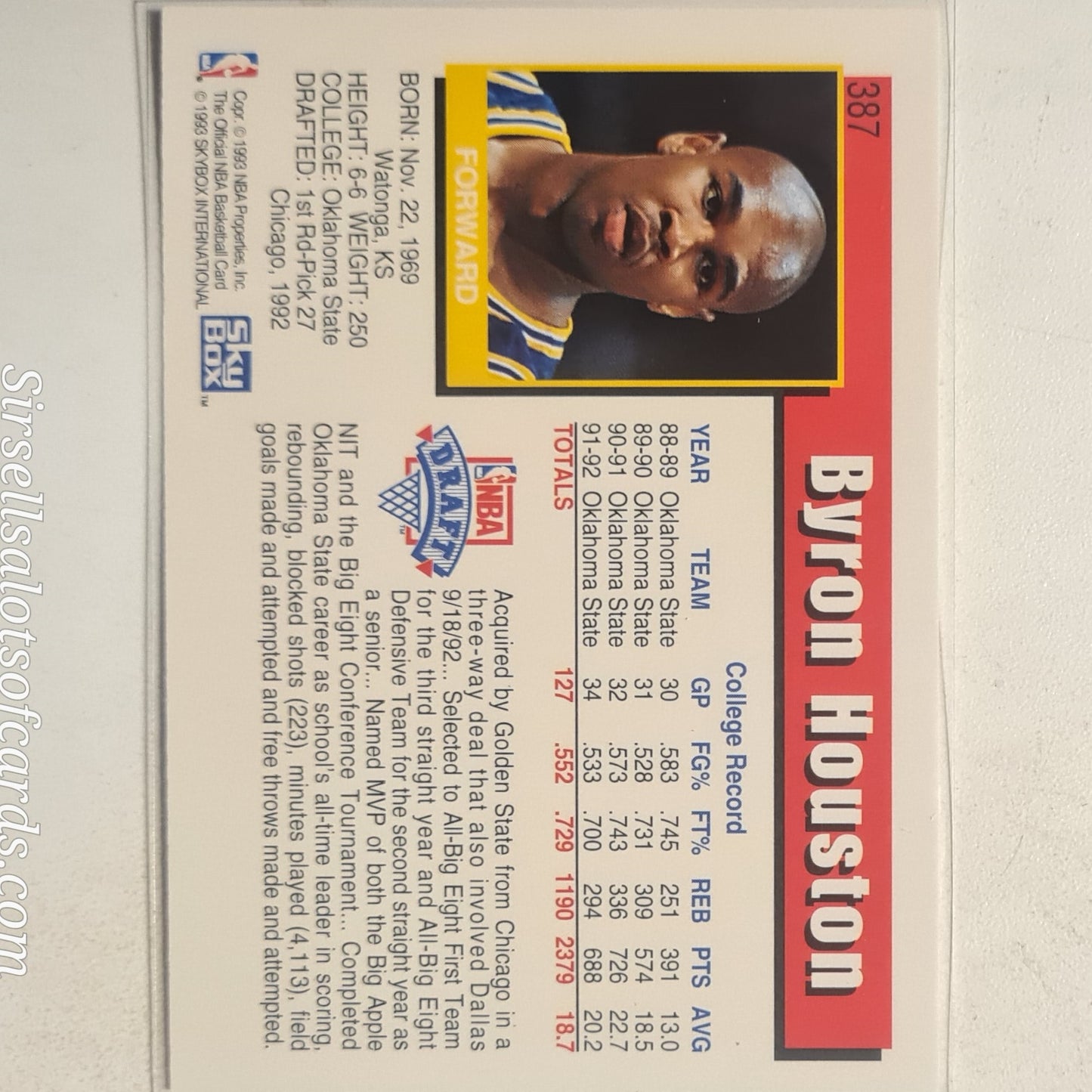 Byron Houston 1993 NBA Hoops Rookie RC #387 NBA Basketball Golden State Warriors  Ex- mint sleeved