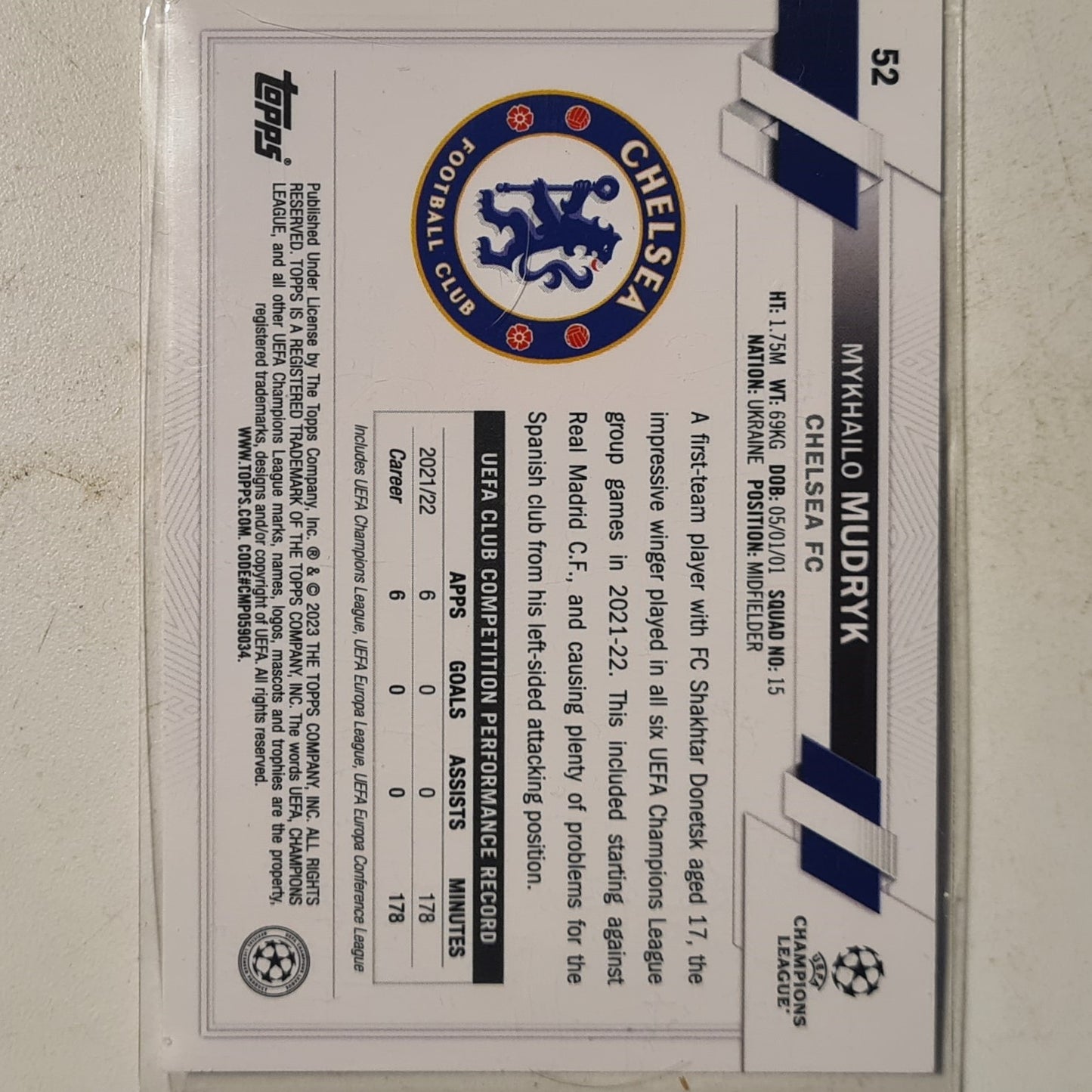 Mykhailo Mudryk Topps 2023 Champions League Rookie RC #52 Football Chelsea mint sleeved