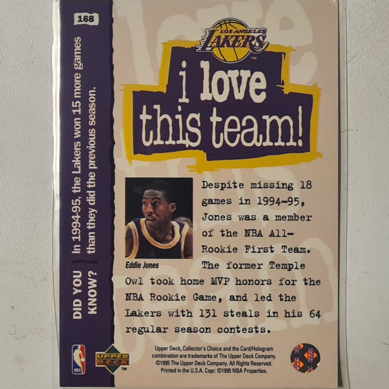 Eddie jones 1994 Upper-Deck i love this team rookie #168 NBA Basketball LA Lakers Excellent