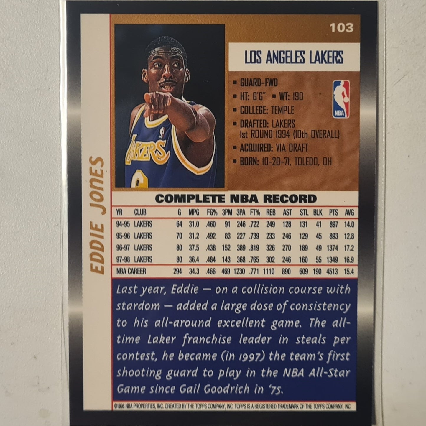 Eddie jones 1998 Topps   #103 NBA Basketball LA Lakers  Excellent