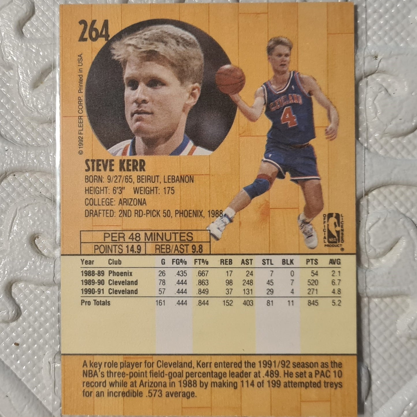 Steve Kerr 1992 Fleer 91-92 #262 NBA Basketball Chicago Bulls Excellent Sleeved