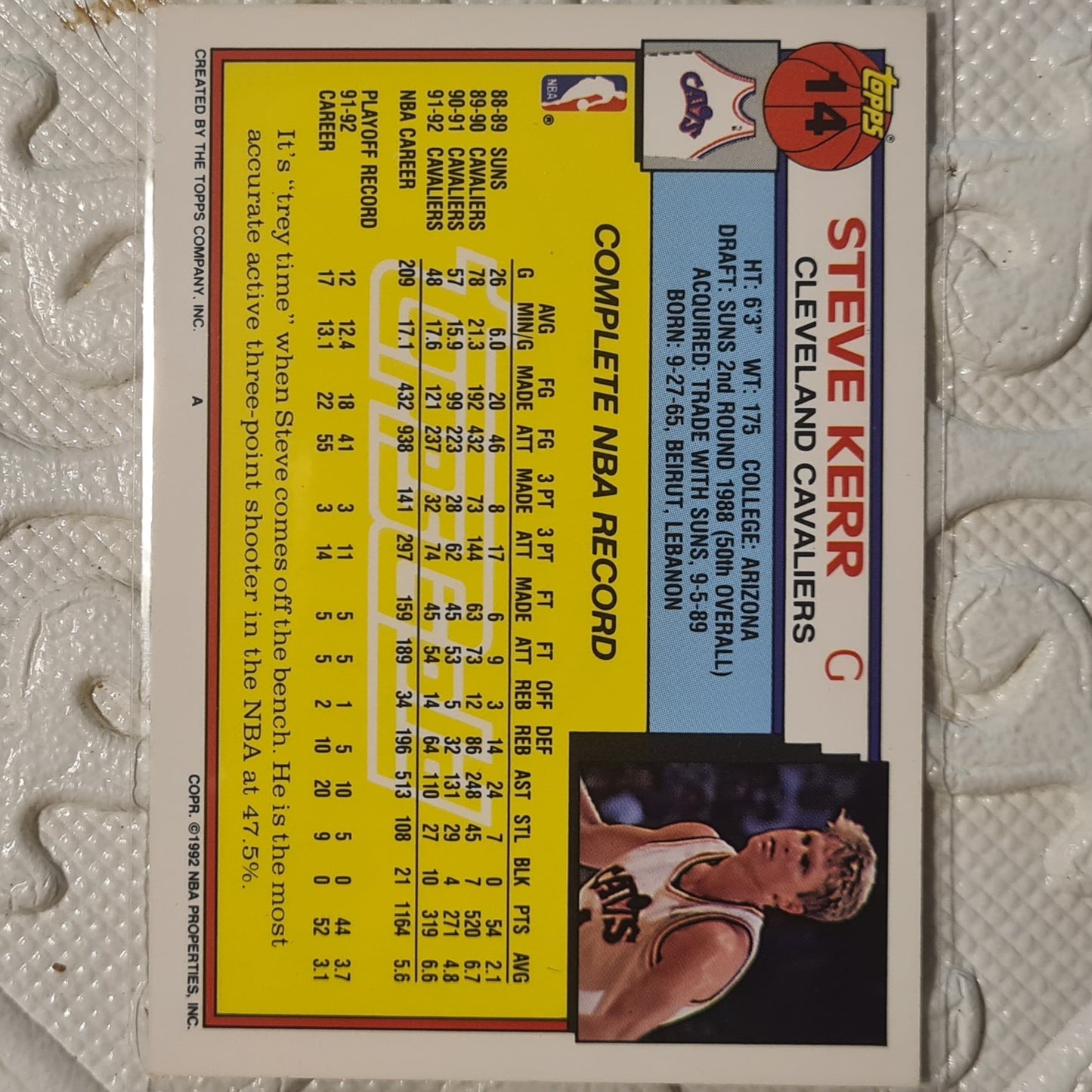Steve Kerr 1992 Topps Gold 91-92 #14 NBA Basketball Cleveland Cavaliers Excellent Sleeved