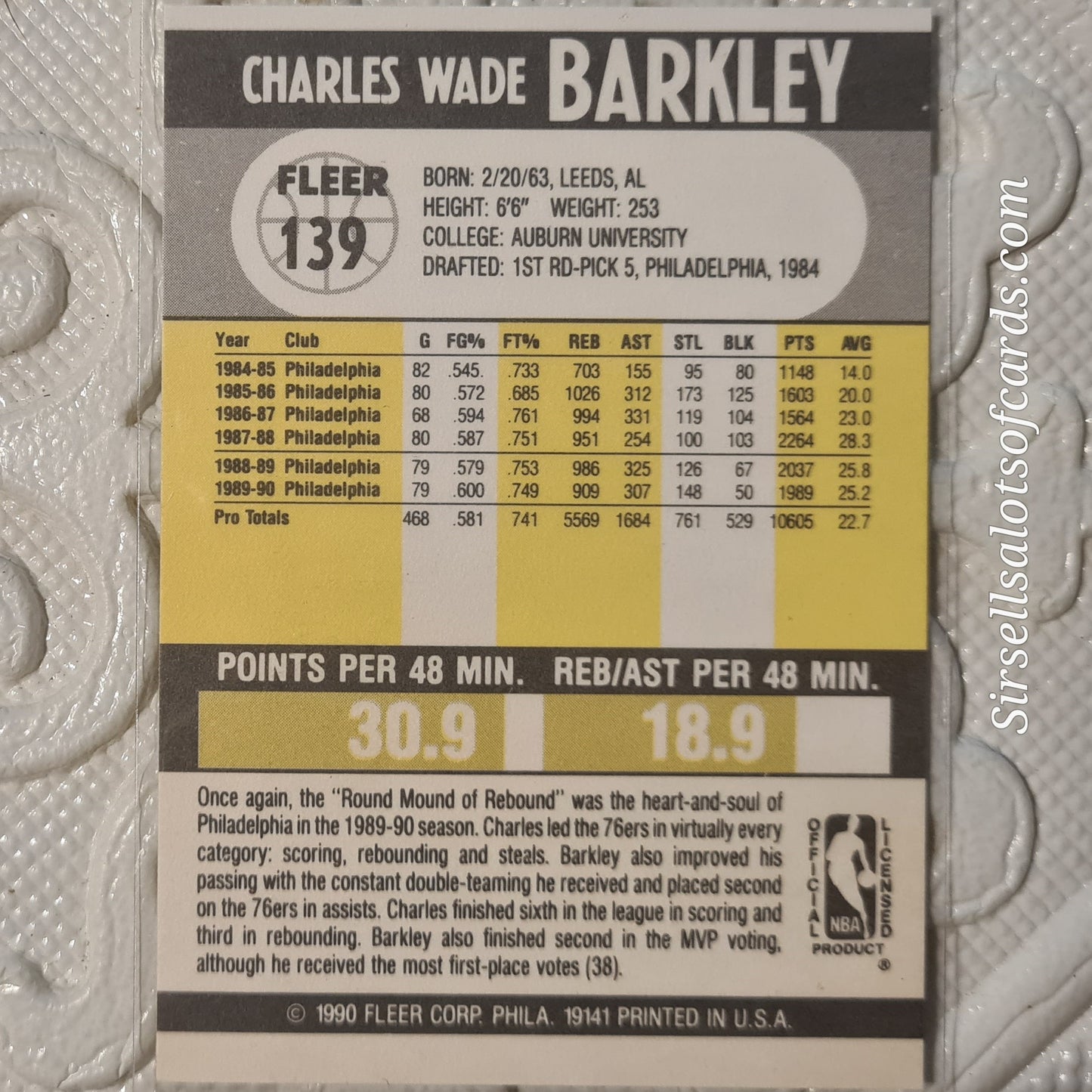 Charles Barkley Fleer 90 1990-91 #139 NBA Basketball Philadelphia 76ers ex-mint sleeved