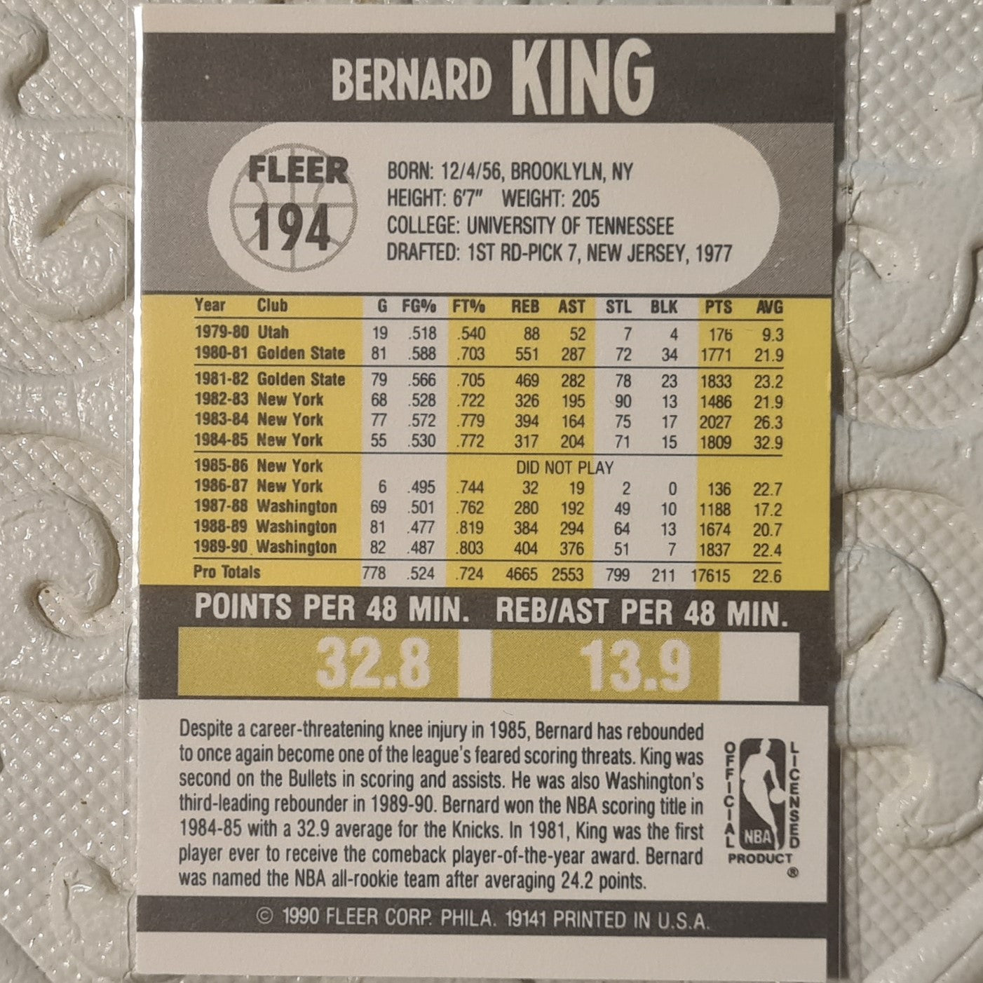 Bernard King Fleer 90 1990-91 #194 NBA Basketball Washington Bullets ex-mint sleeved