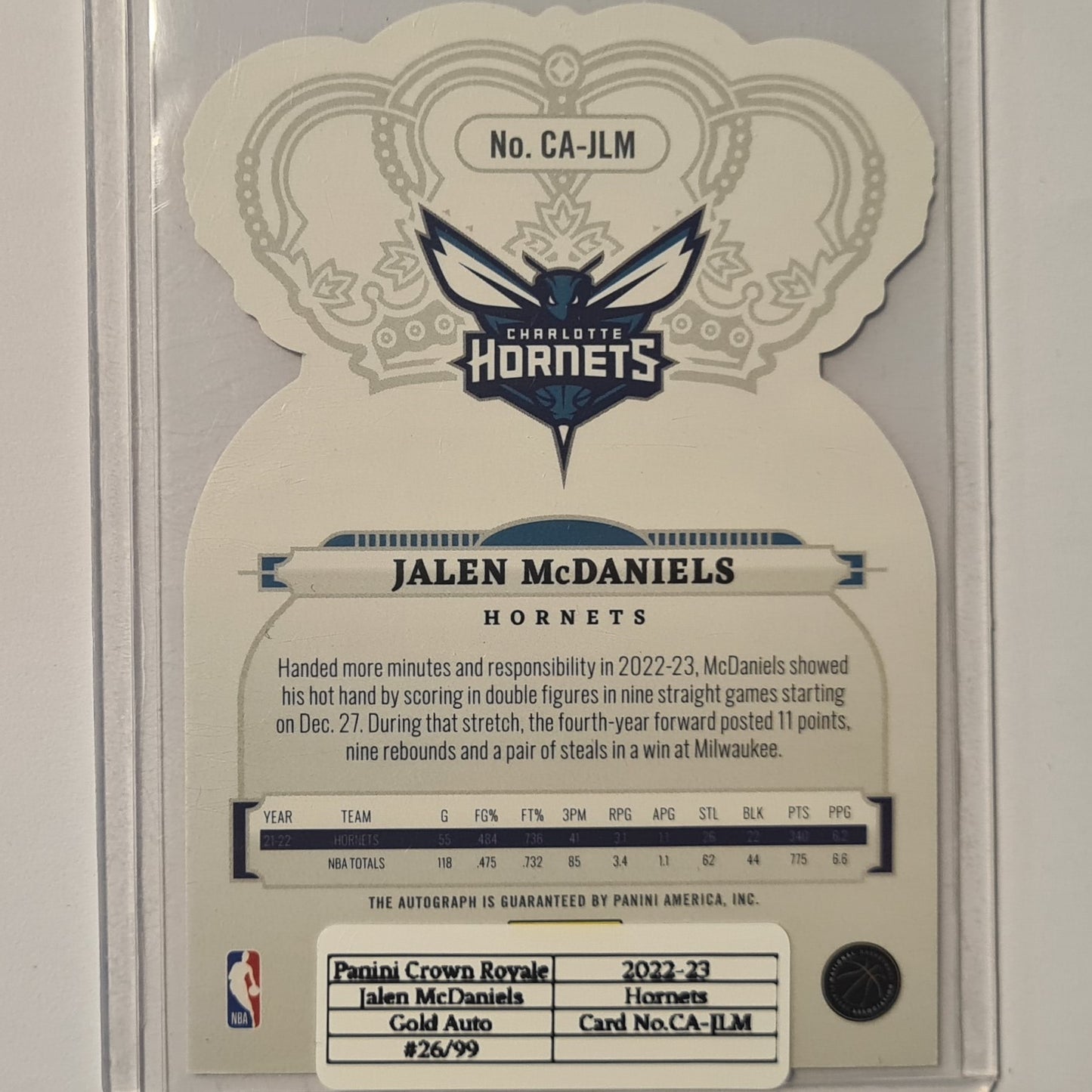 Jalen McDaniels 2022-23 Panini Crown Royale 29/99 Auto CA-JLM NBA Basketball Charlotte Hornets ex-mint sleeved