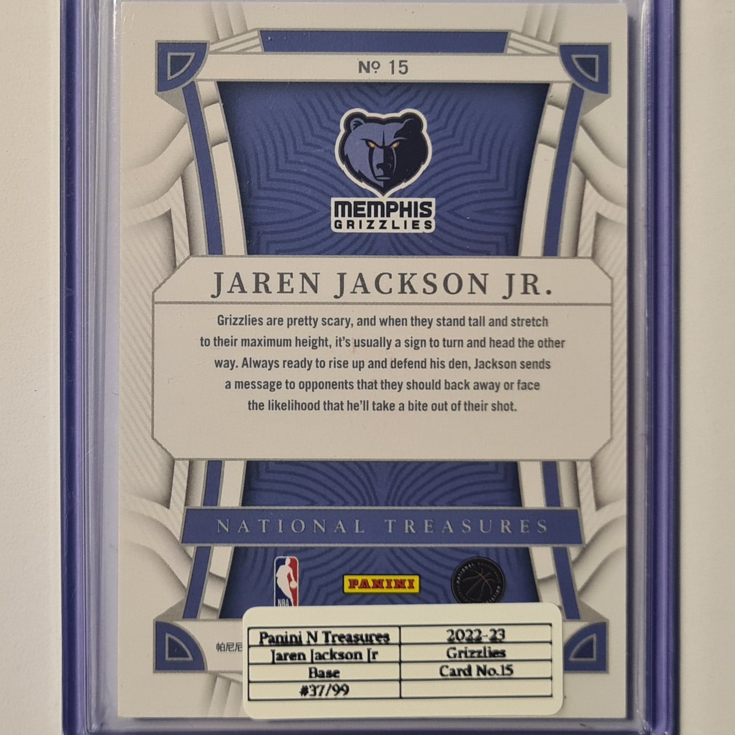 Jaren Jackson Jr 2022-23 Panini National Treasures numbered 37/99 #15 NBA Basketball Memphis Grizzlies ex-mint sleeved