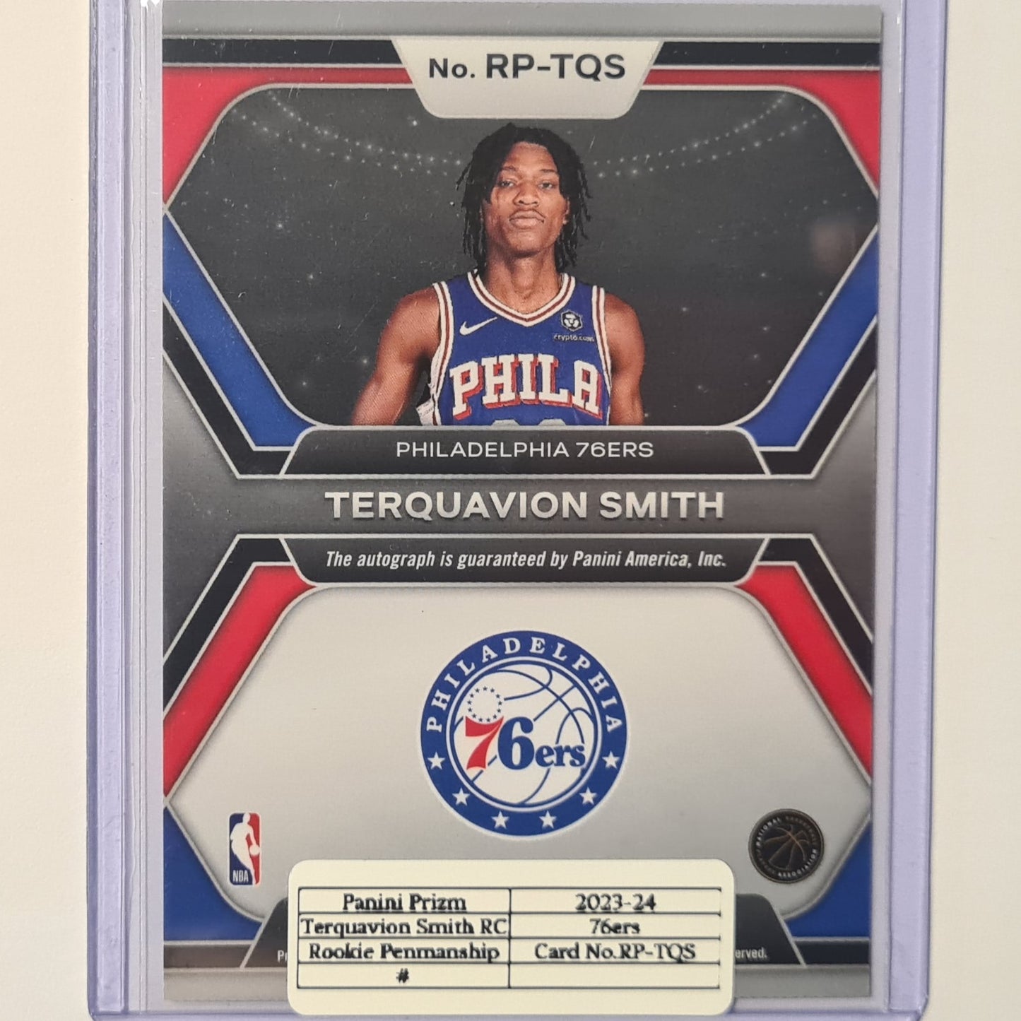 Terquavion Smith 2023-24 Panini Prizm penmanship Auto Rooke RC RP-TQS NBA Basketball Philadelphia 76ers ex-mint sleeved