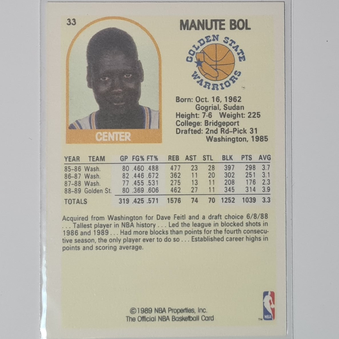 Manute Bol 1989 NBA Hoops  #33 NBA Basketball Golden State Warriors Excellent Sleeved