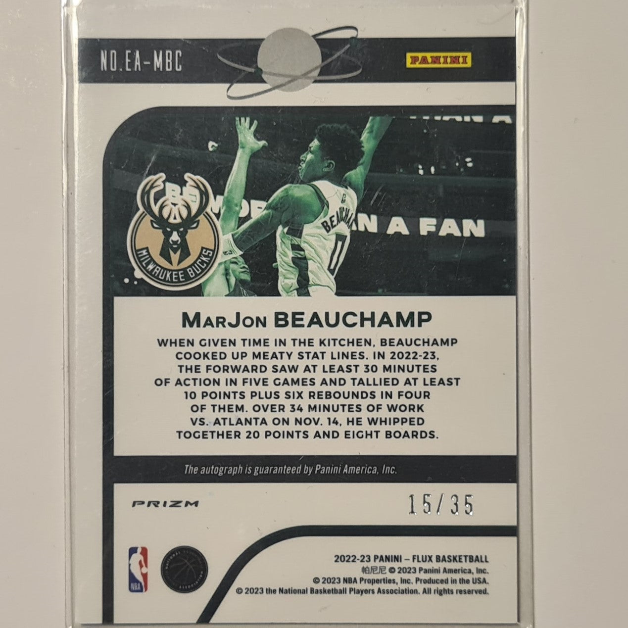 Marjon Beauchamp Rookie RC Auto  15/35 EA-MBC  NBA Basketball Milwaukee Bucks Excellent
