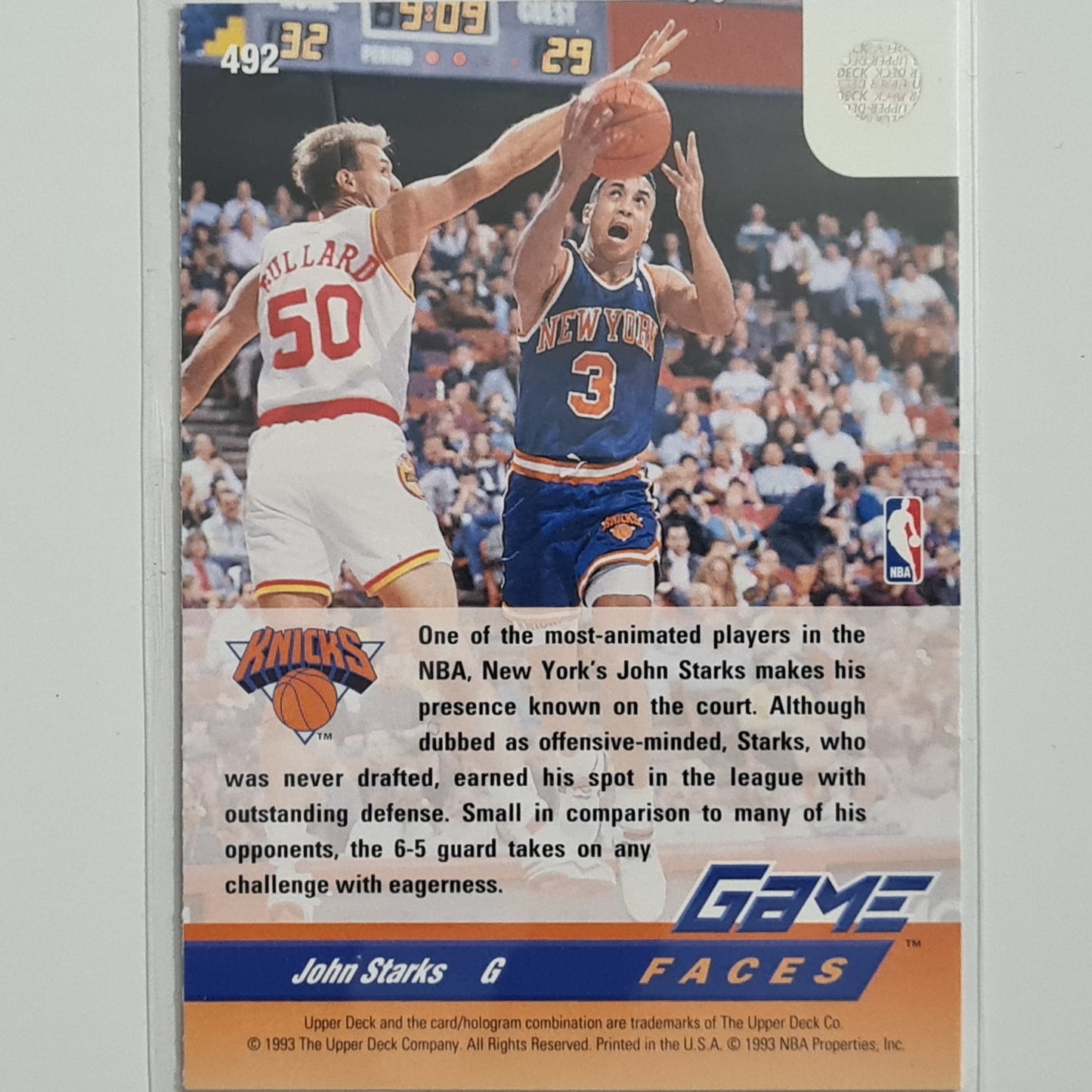 John Starks 1993 Upper-Deck game faces #492 NBA Basketball New York Knicks excellent sleeved