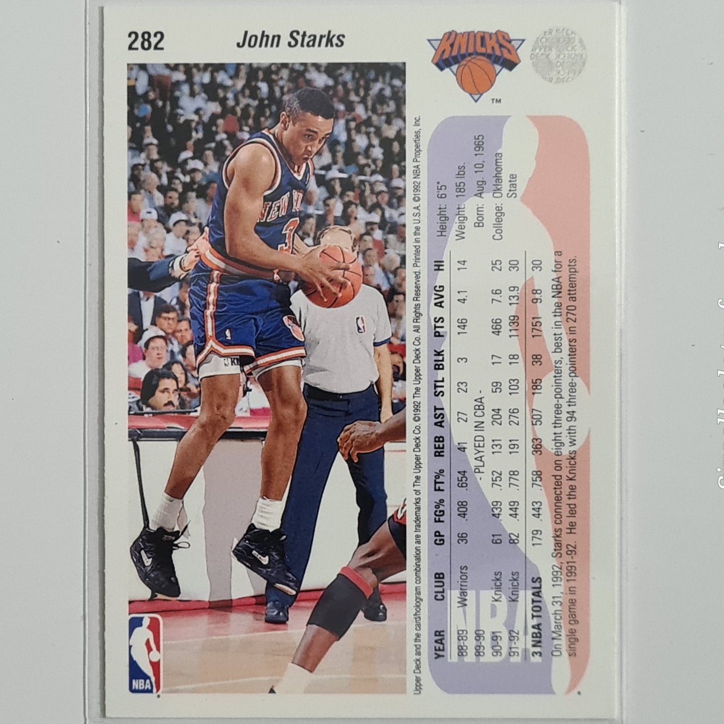 John Starks 1992 Upper-Deck #282 NBA Basketball New York Knicks excellent sleeved