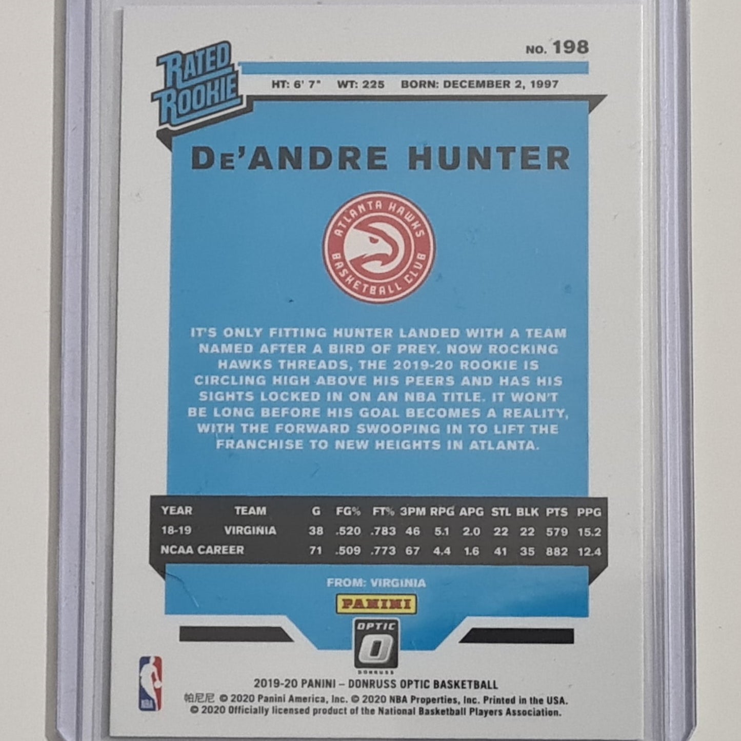 De'Andre Hunter 2019-20 Panini Donruss Rated rookie RC #198 NBA Basketball Atlanta Hawks sleeved