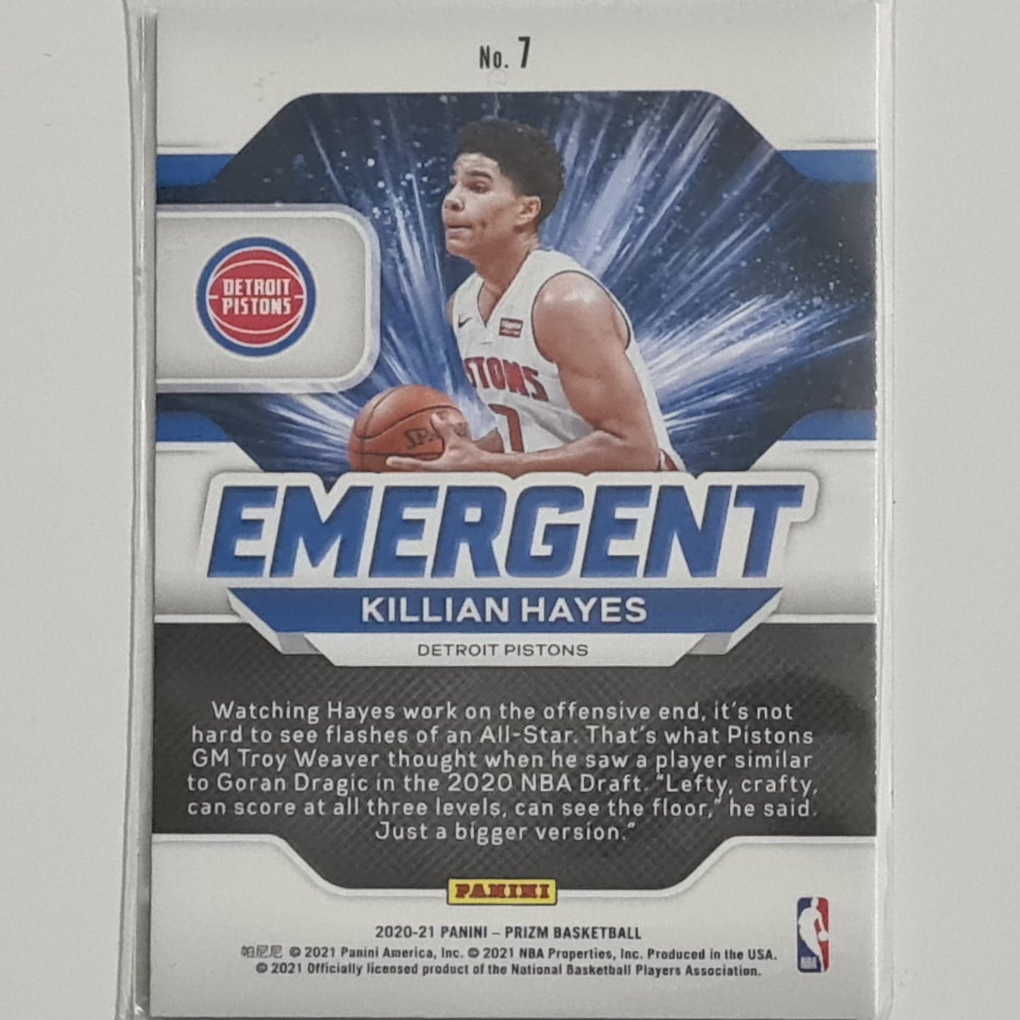 Killian Hayes 2020-21 Panini Prizm Emergent Rookie RC #7 NBA Basketball Detroit Pistons Excellent/Mint Sleeved