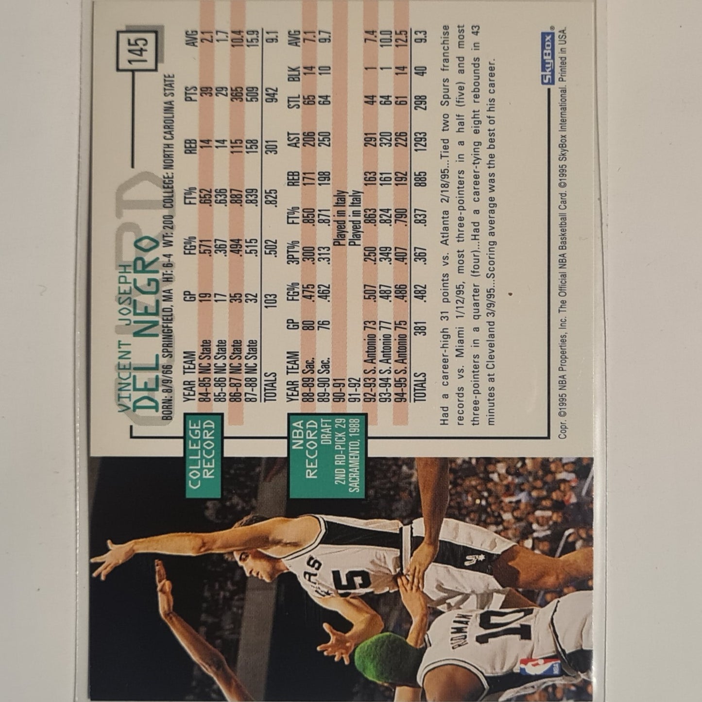 Vinny Del Negro 1995 Skybox NBA Hoops #145 NBA Basketball San Antonio Spurs Excellent sleeved
