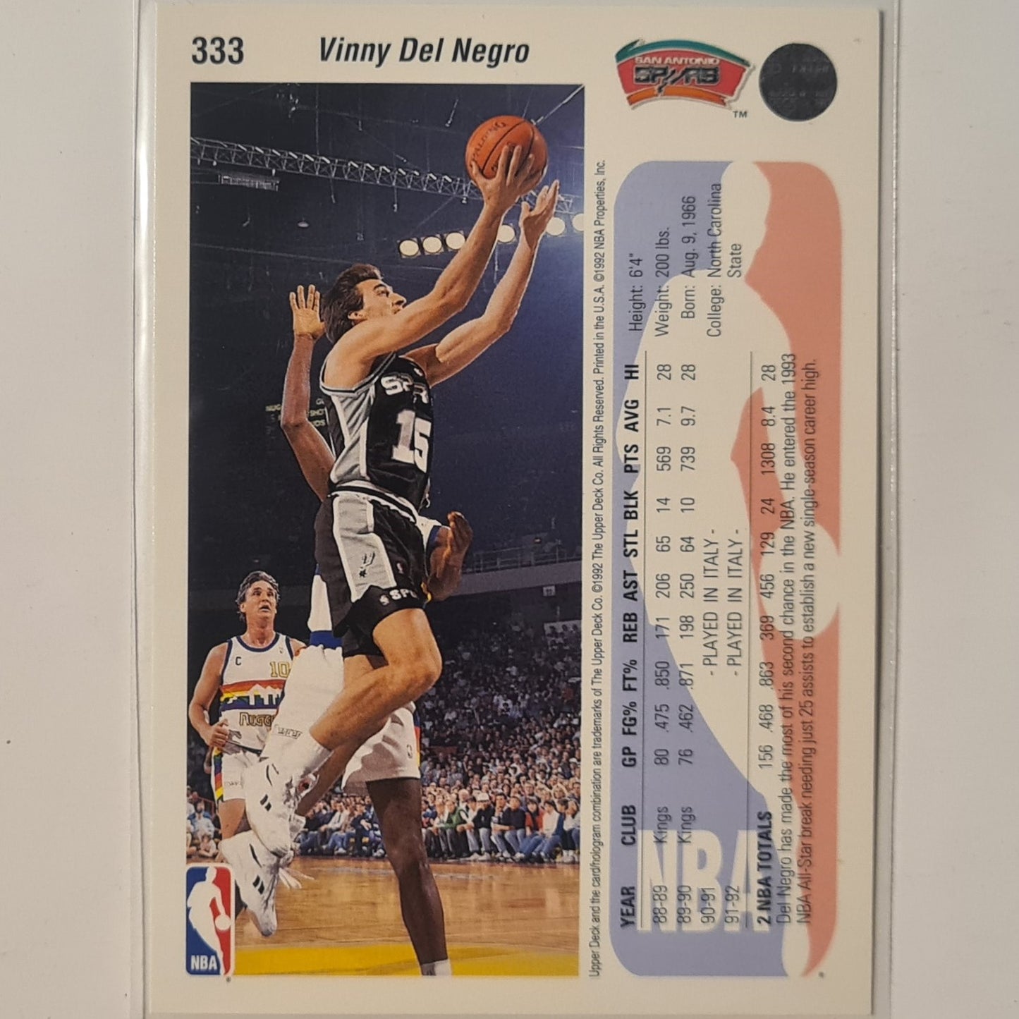 Vinny Del Negro 1992 Upper-Deck collectors choice  #393 NBA Basketball San Antonio Spurs Excellent sleeved