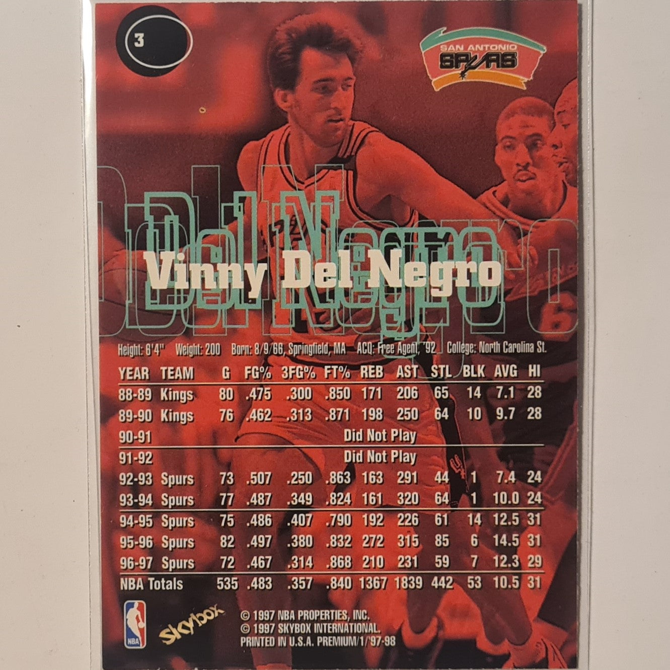 Vinny Del Negro 1997 Skybox Premium 96-97 #3 NBA Basketball San Antonio Spurs Excellent sleeved