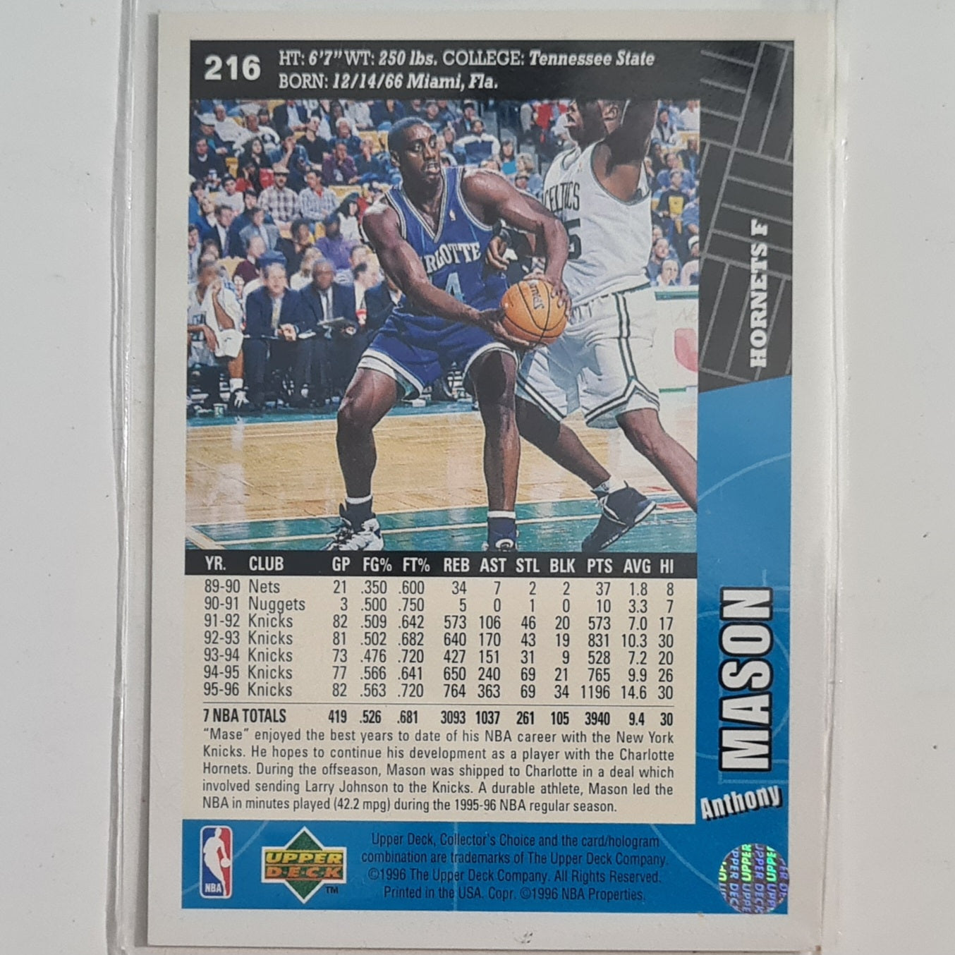 Anthony Mason 1996 Upper-Deck Collectors Choice #216 NBA Basketball Charlotte Hornets Excellent Sleeved