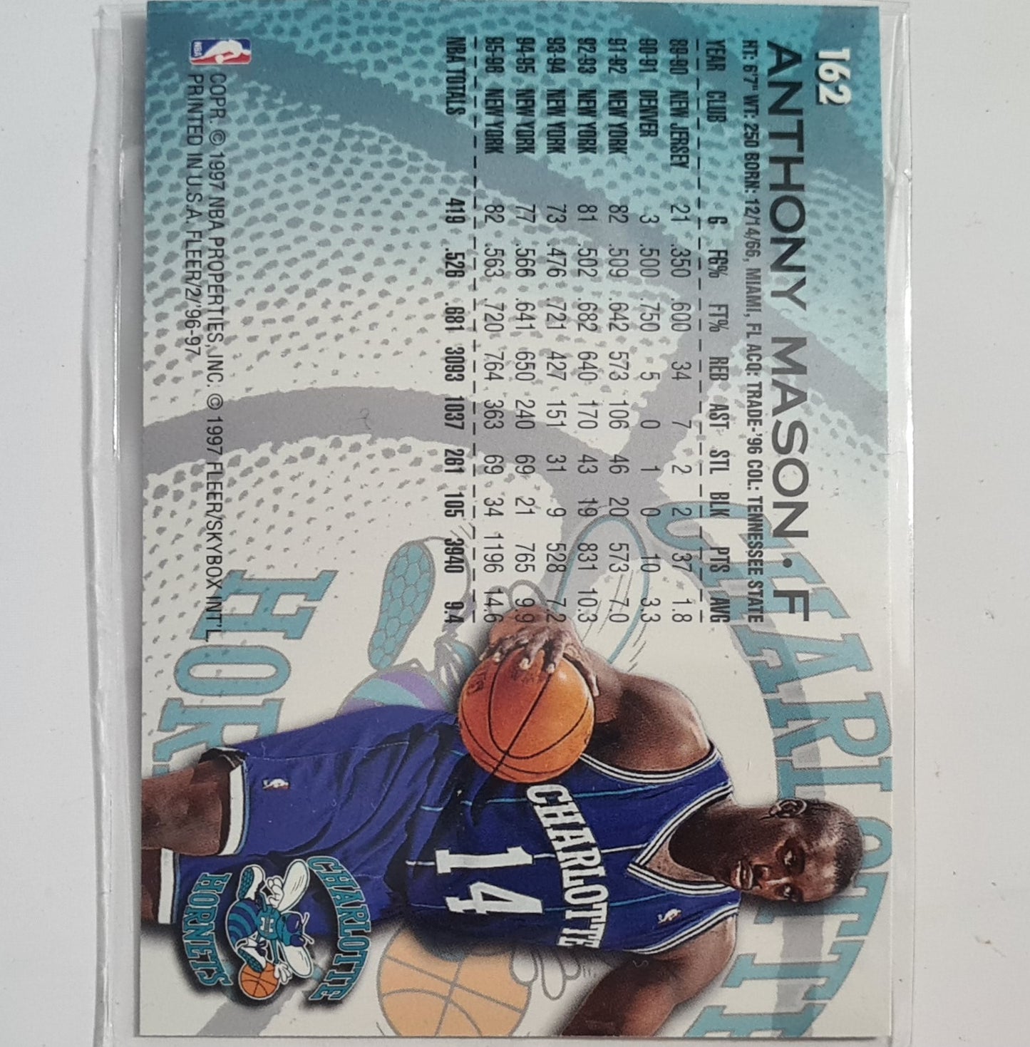 Anthony Mason 1997 Fleer 96-97 #162 NBA Basketball Charlotte Hornets Excellent Sleeved