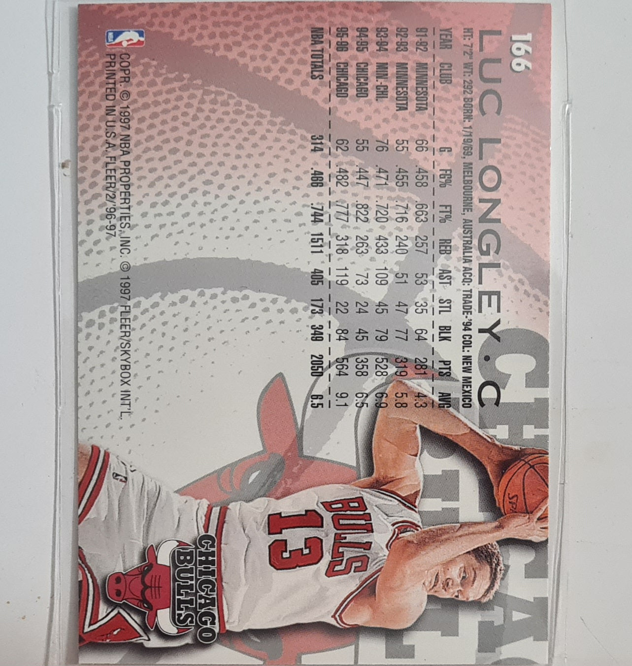 Luc Longley 1997 Fleer 96-97  #166 NBA Basketball Chicago Bulls Excellent Sleeved