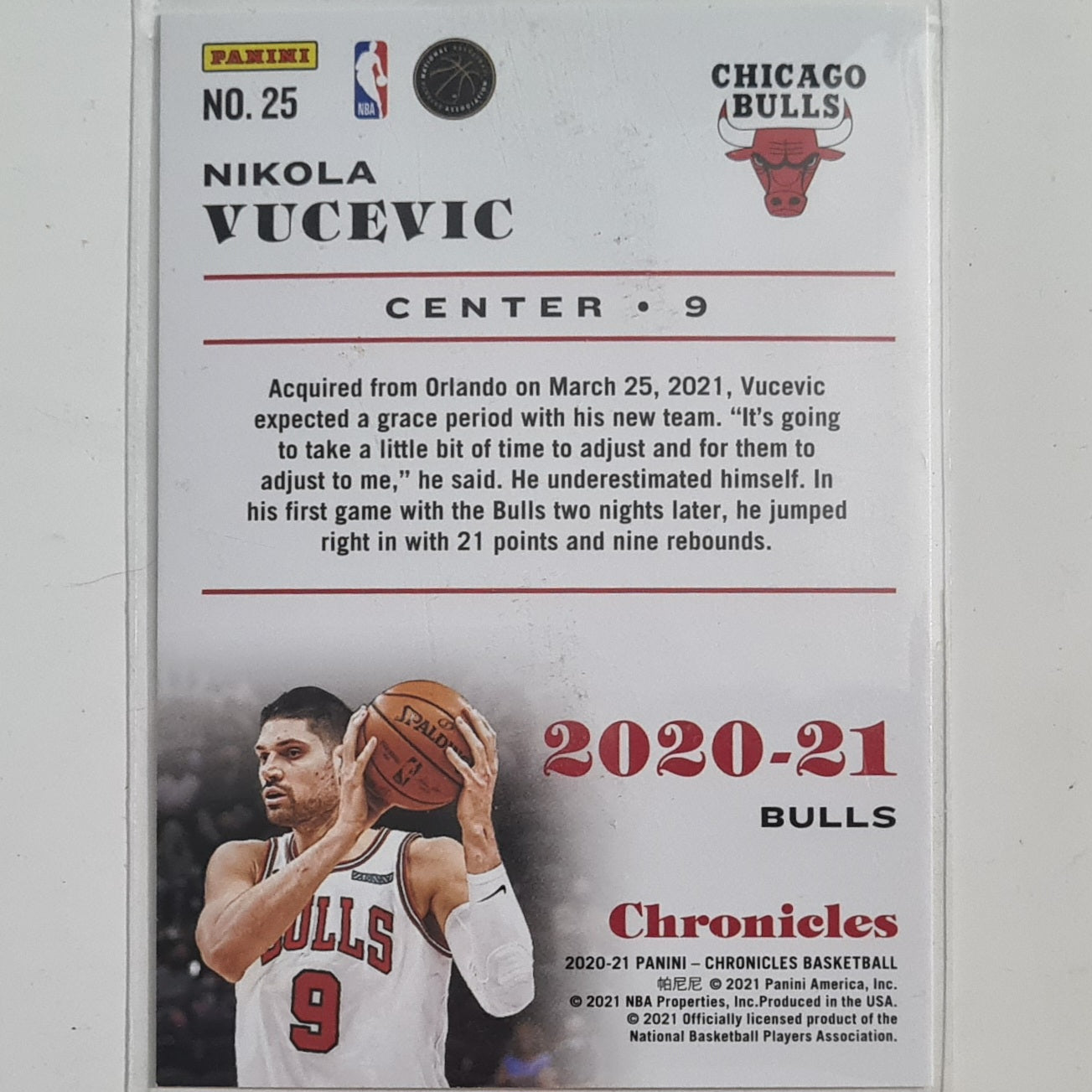 Nikola Vucevic 2020-21 Panini Chronicles teal variant  #25 NBA Basketball Chicago Bulls Excellent Sleeved