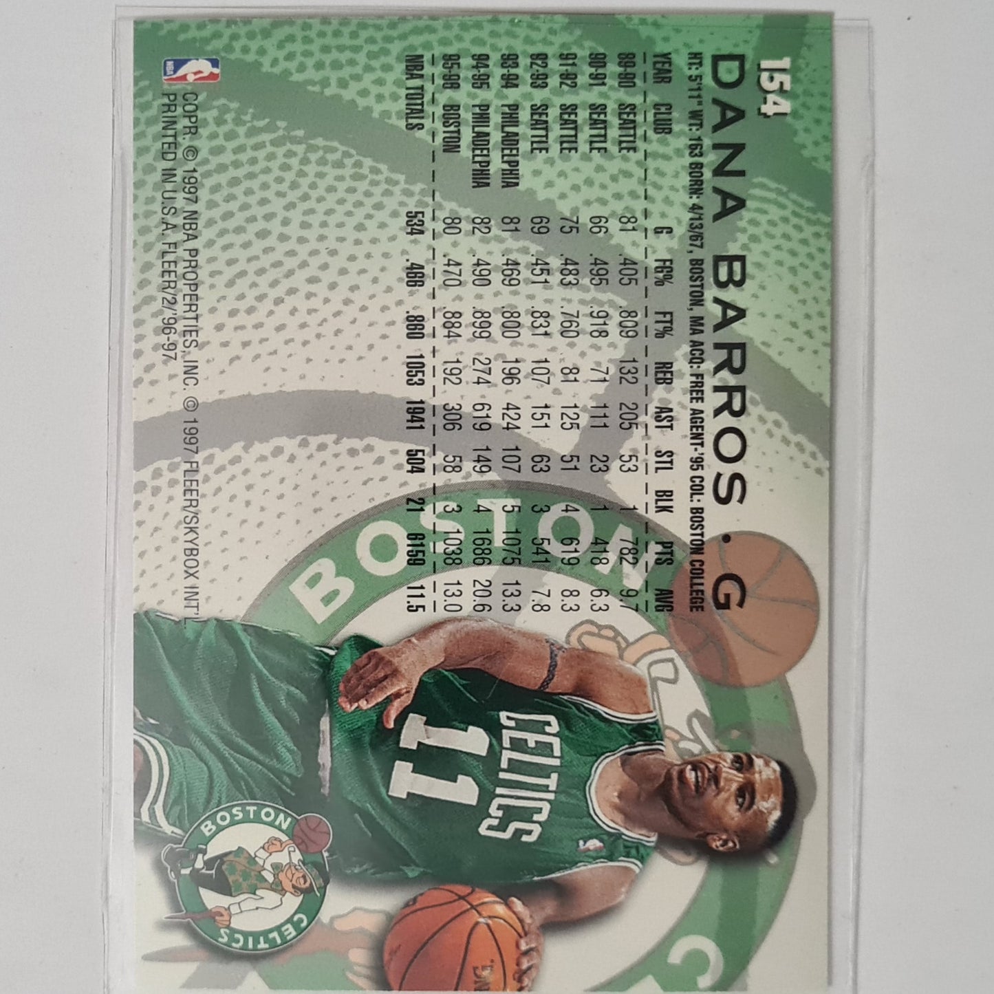 Dana Barros 1997 Fleer 96-97  #154 NBA Basketball Boston Celtics excellent sleeved