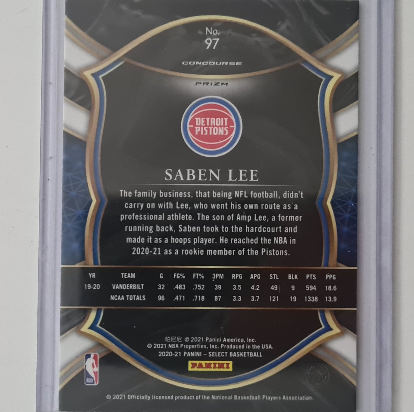Saben Lee 2021 Panini Select purple blue cracked ice RC Rookie #97 NBA Basketball Detroit Pistons mint