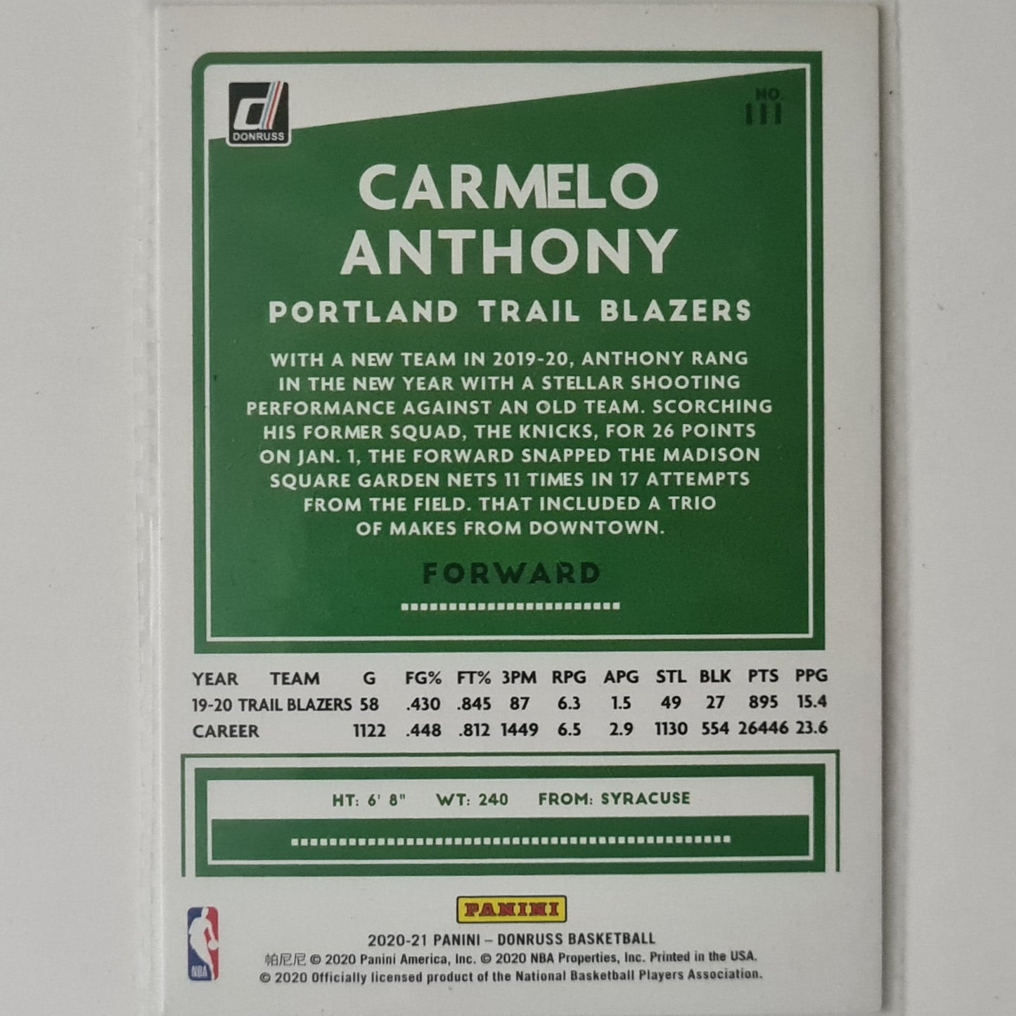 Carmelo Anthony 2020-21 Panini Donruss #111 NBA Basketball Portland  excellent