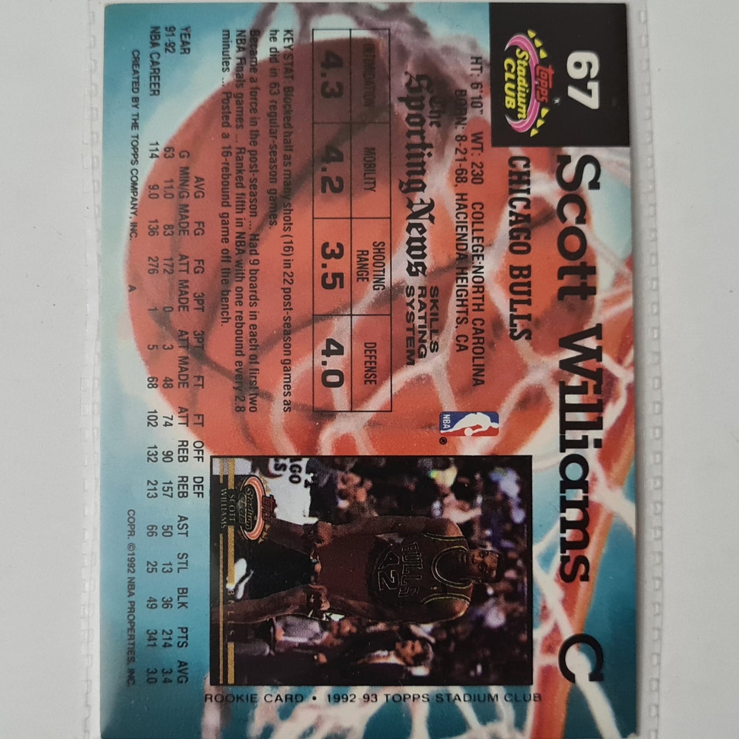 Scott Williams 1992 Topps Stadium Club #67 NBA Basketball Chicago Bulls vg-ex Sleeved