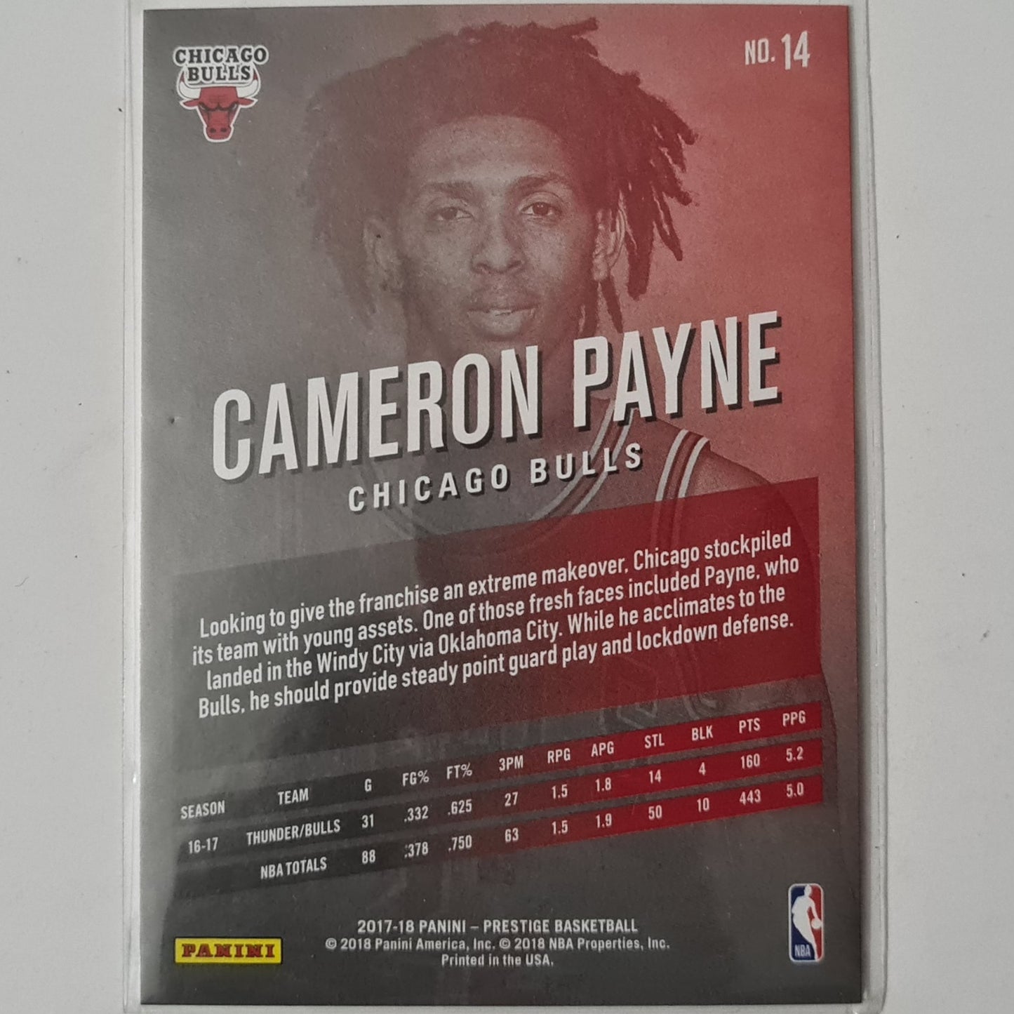 Cameron Payne 2017-18 Panini Prestige #14 NBA Basketball Chicago Bulls very good Sleeved