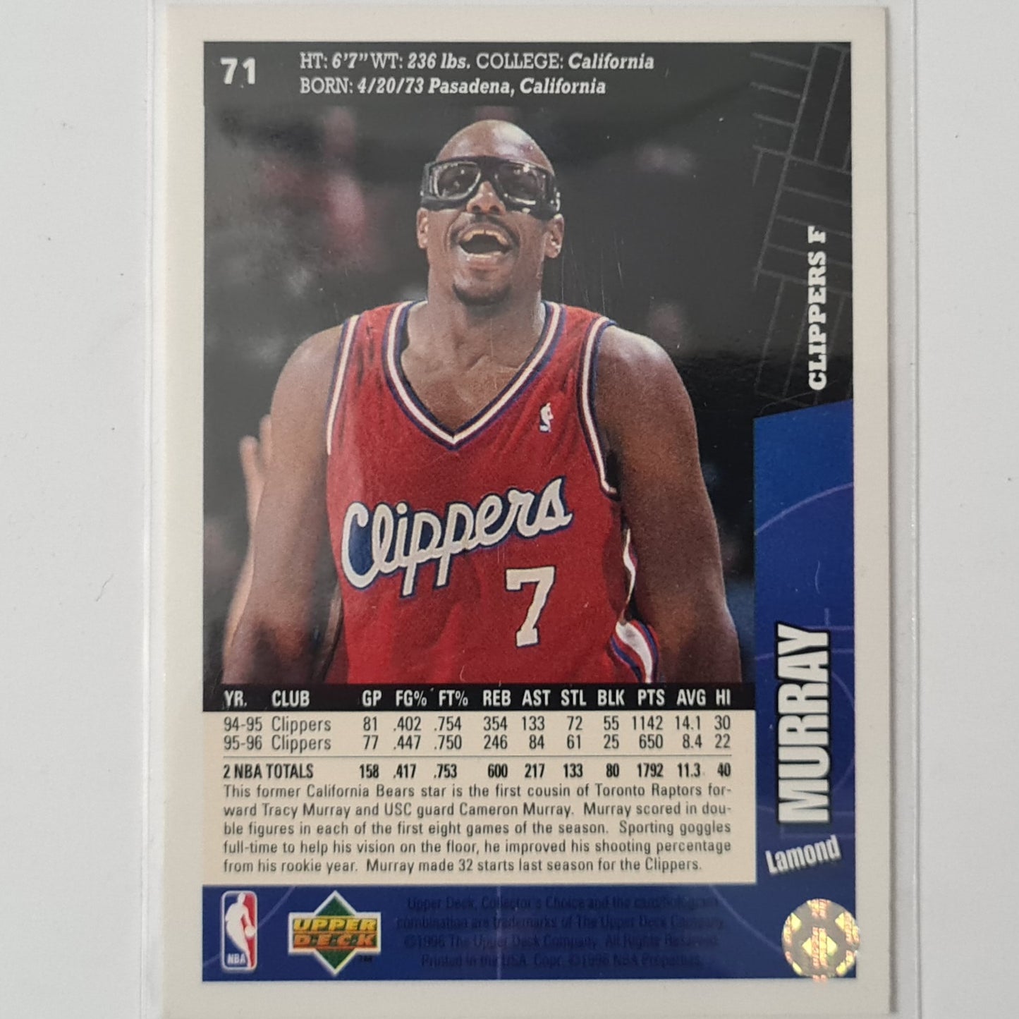 Lamond Murray 1996 Upper-Deck collectors choice #71 NBA Basketball LA Clippers excellent Sleeved