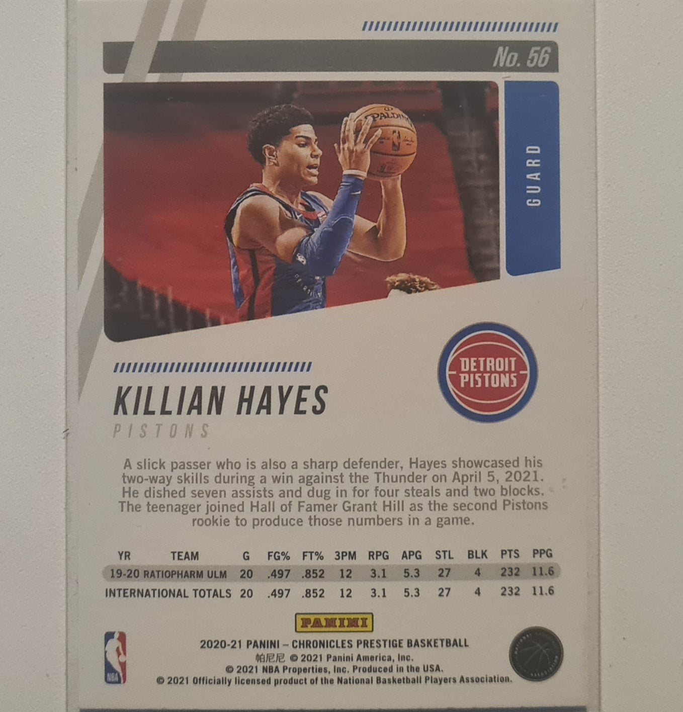 Killian Hayes 2020-21 Panini Prestige Rookie RC #56 NBA Basketball Detroit Pistons ex +